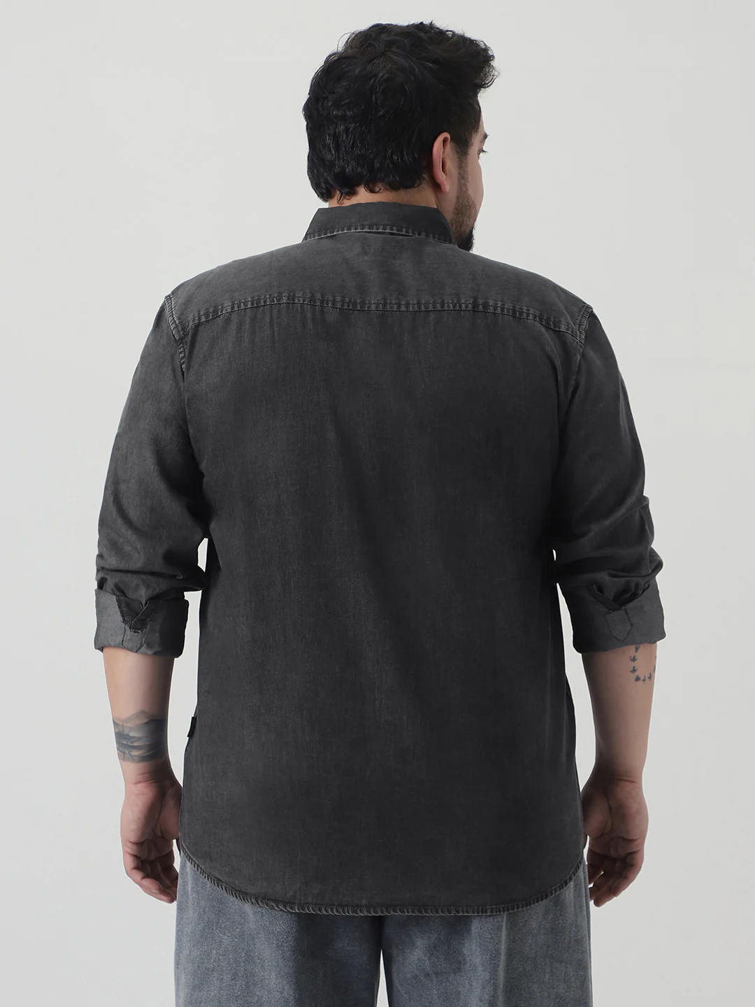 Plus Men's Grey Regular Fit Full Sleeve Washed Denim Shirt - Image 3