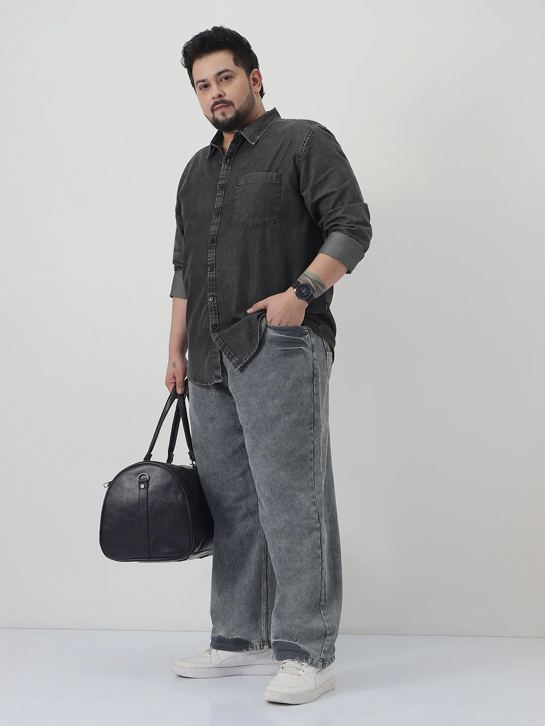 Plus Men's Grey Regular Fit Full Sleeve Washed Denim Shirt - Image 4