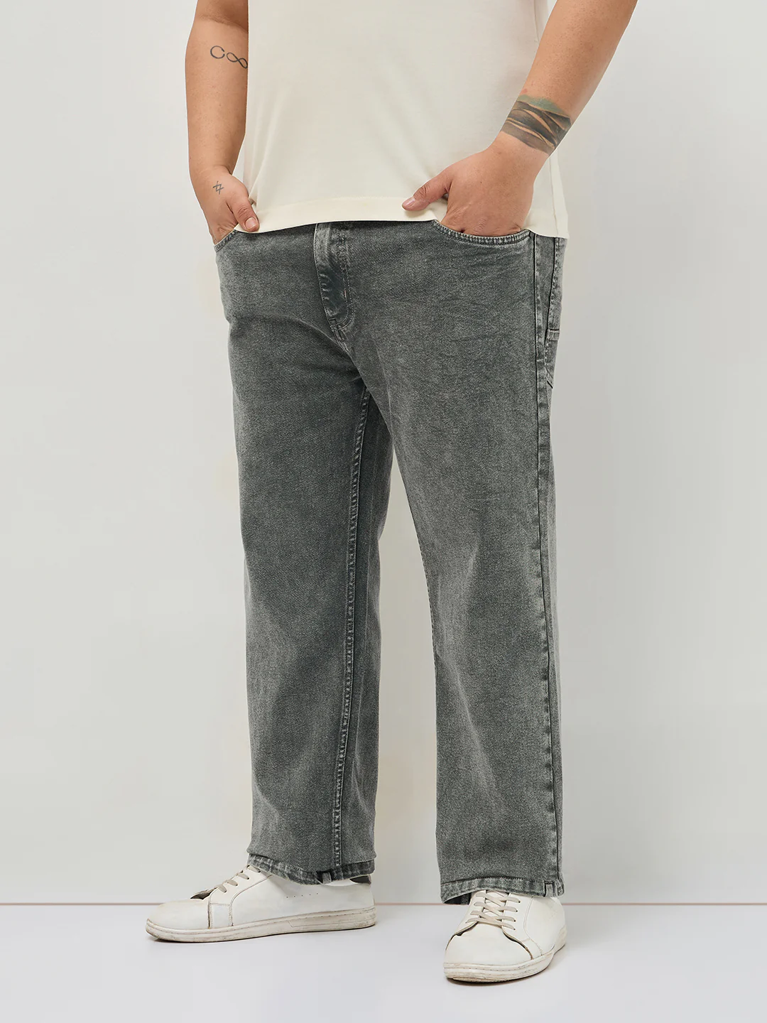 Plus Men's Grey Regular Fit Towel Washed Yellow Tint Denim Jeans Stretchable - Image 2
