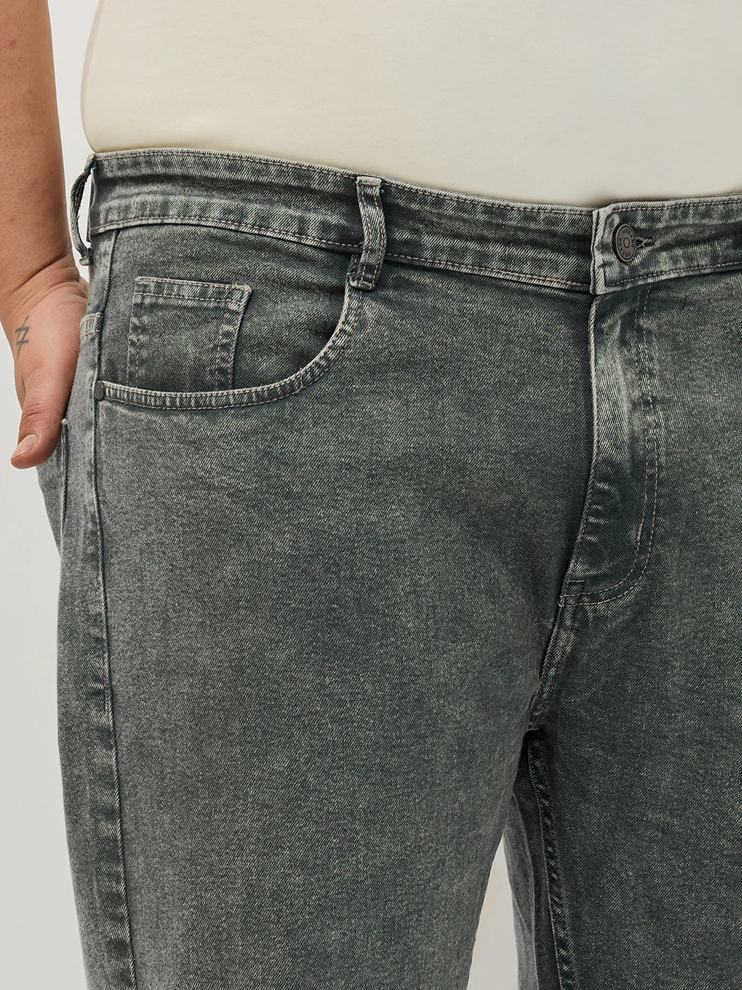 Plus Men's Grey Regular Fit Towel Washed Yellow Tint Denim Jeans Stretchable - Image 5