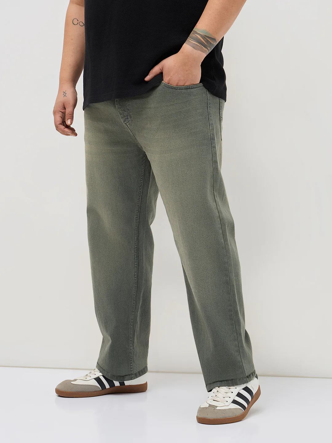 Plus Men's Grey Regular Fit Whisker Washed Yellow Tint Denim Jeans Stretchable - Image 2