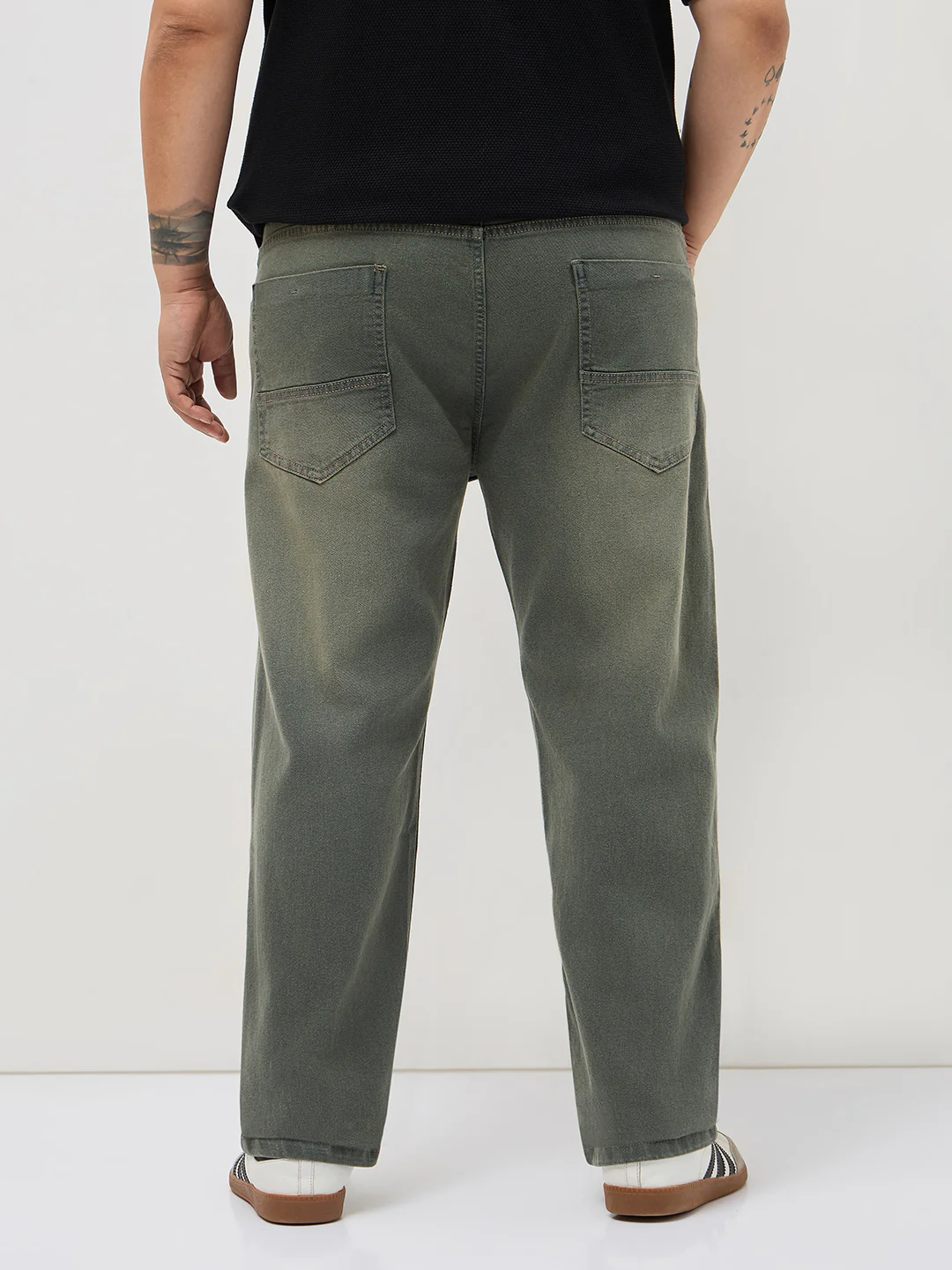 Plus Men's Grey Regular Fit Whisker Washed Yellow Tint Denim Jeans Stretchable - Image 3