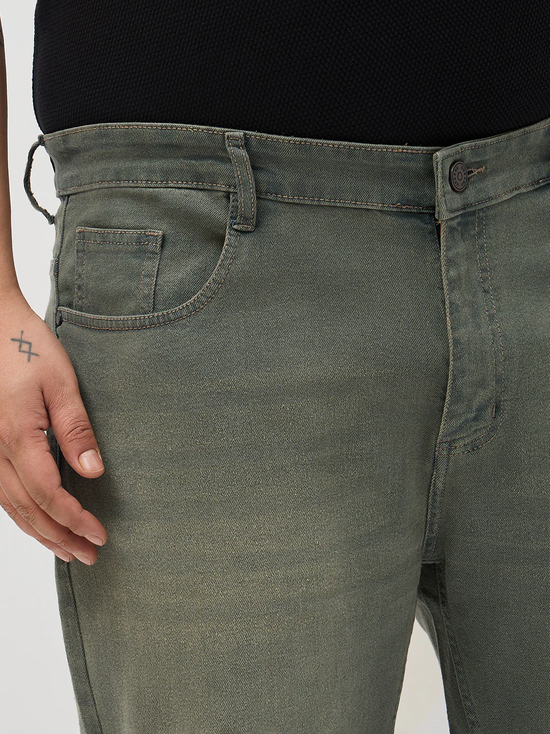 Plus Men's Grey Regular Fit Whisker Washed Yellow Tint Denim Jeans Stretchable - Image 5