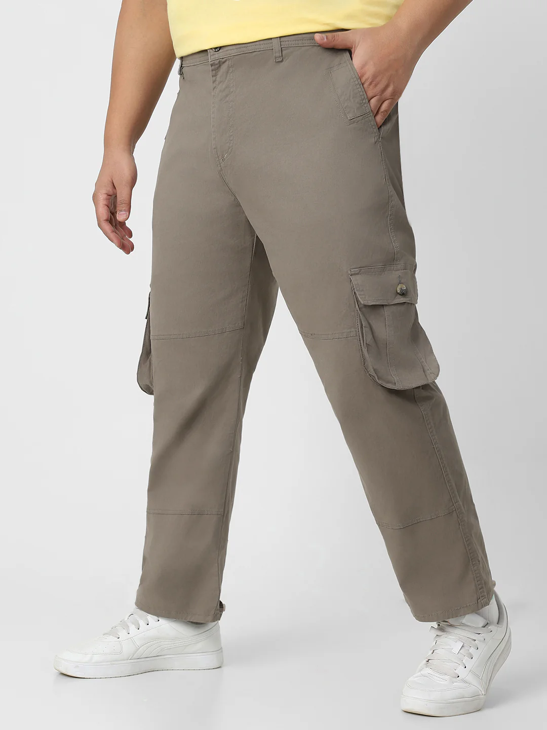 Plus Men's Grey Regular Fit Solid Cargo Chino Pant with 6 Pockets - Image 3