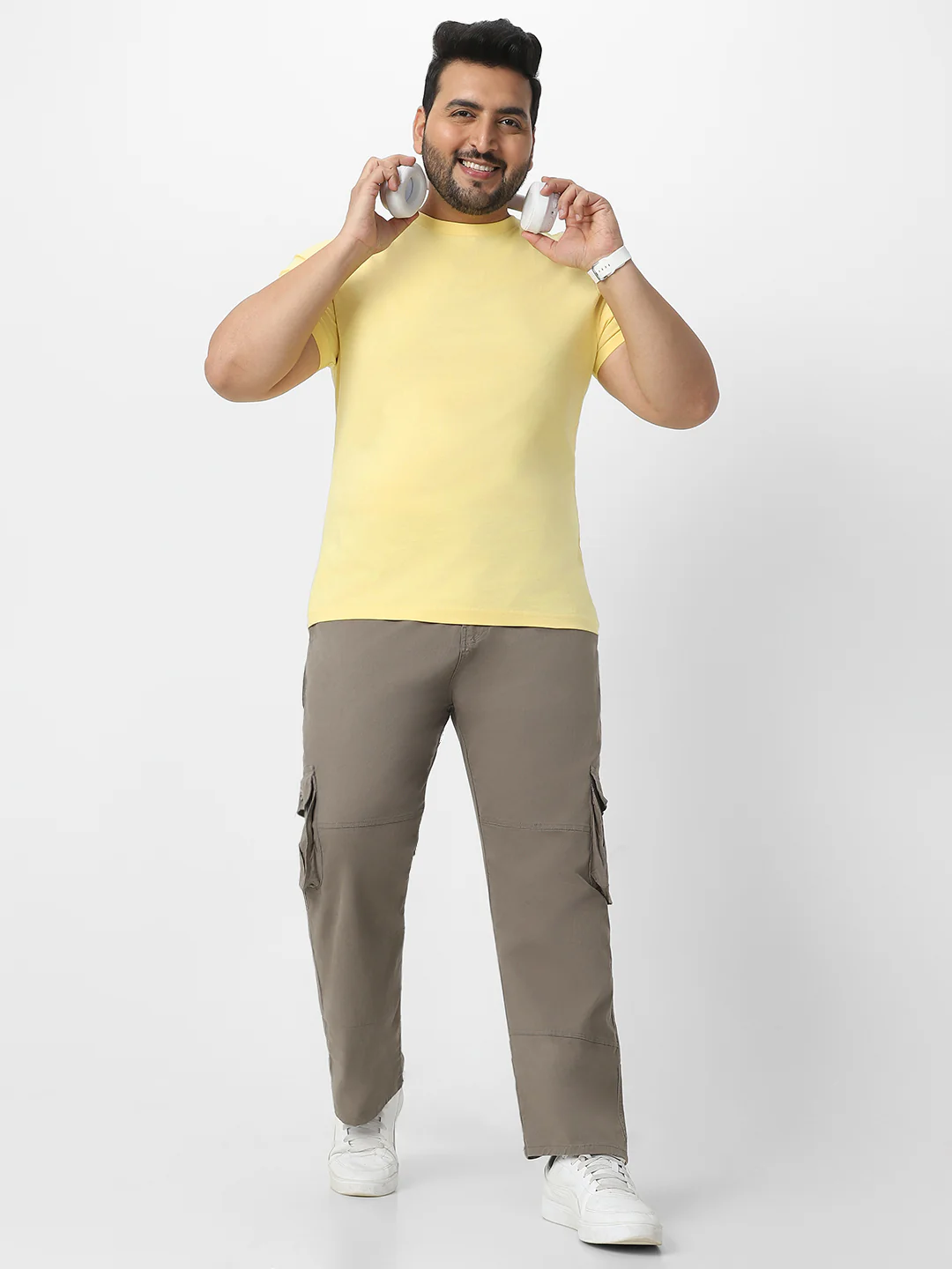 Plus Men's Grey Regular Fit Solid Cargo Chino Pant with 6 Pockets - Image 5