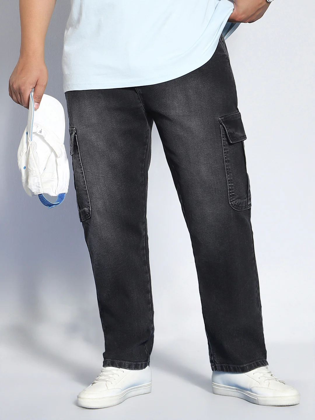 Plus Men's Grey Regular Fit Washed Cargo Jeans With 6 Pockets Stretchable - Image 2