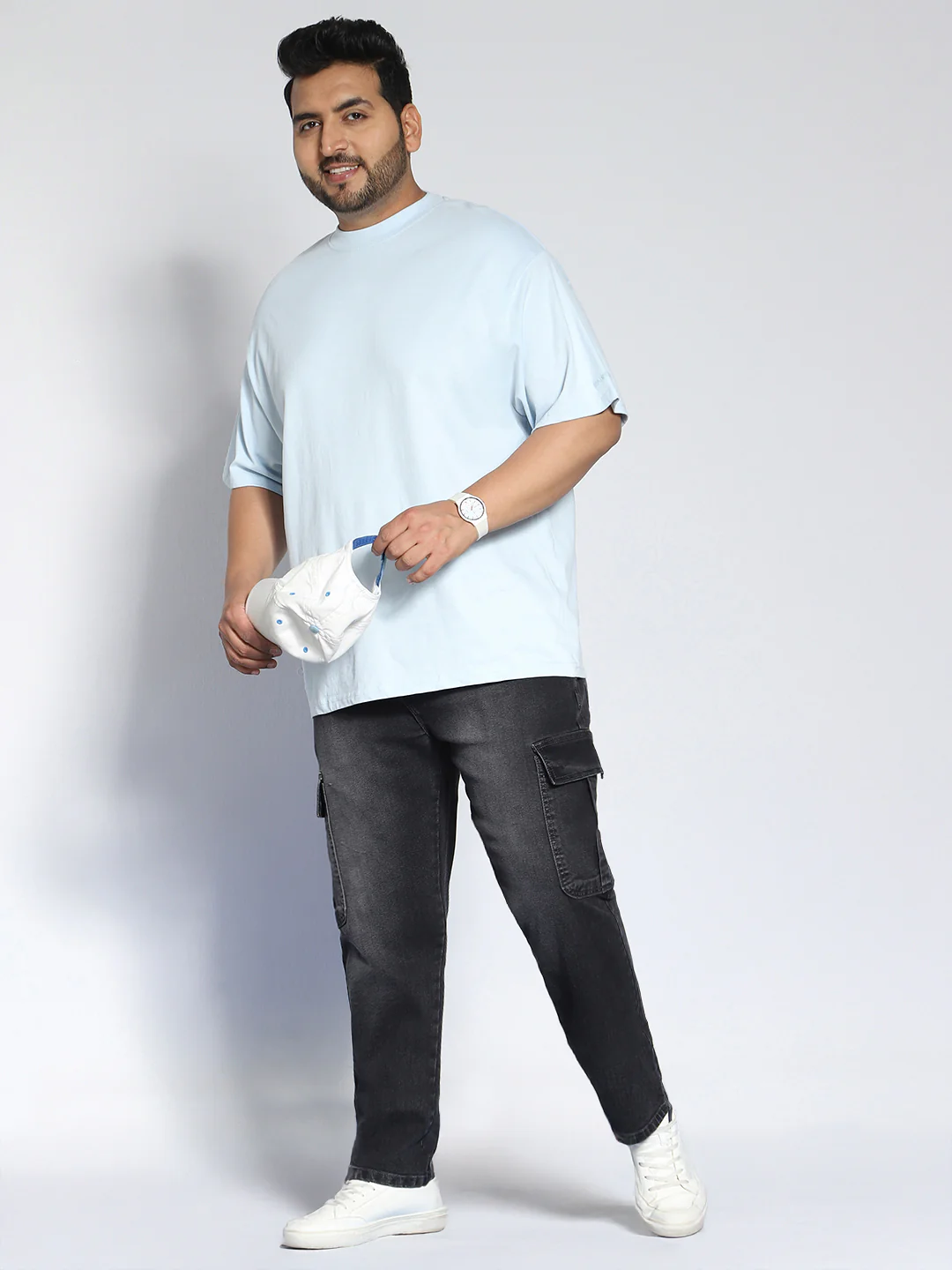 Plus Men's Grey Regular Fit Washed Cargo Jeans With 6 Pockets Stretchable - Image 5