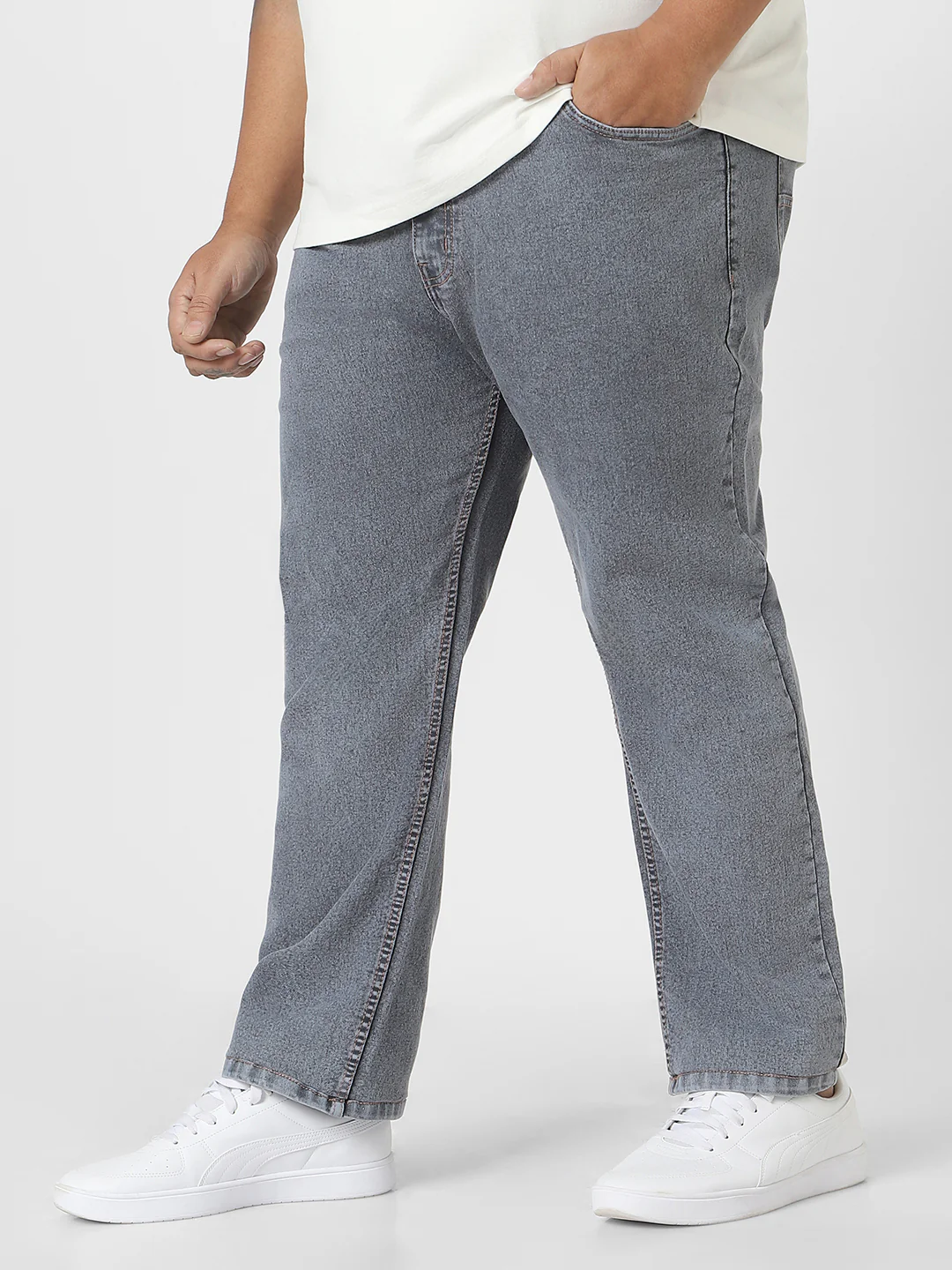 Plus Men's Grey Regular Fit Washed Jeans Stretchable - Image 2