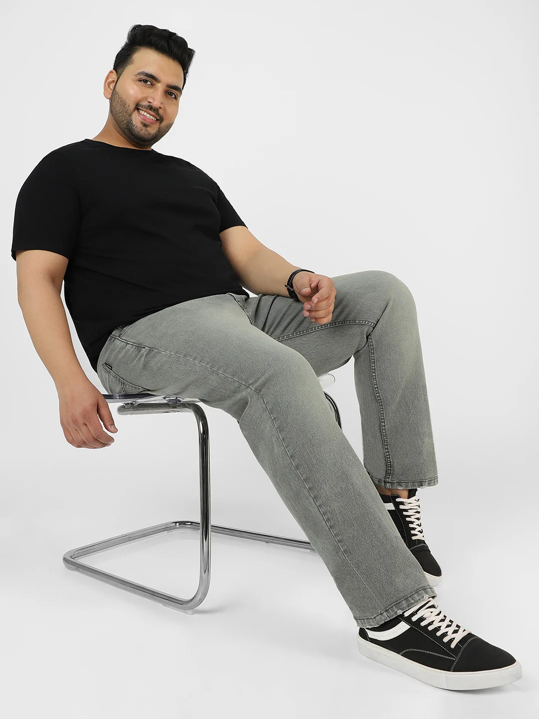 Plus Men's Grey Regular Fit Washed Jeans Stretchable - Image 4