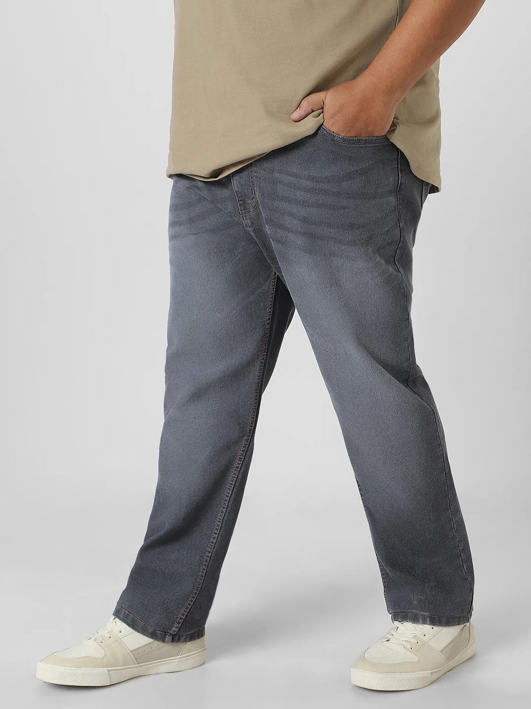 Plus Men's Grey Regular Fit Washed Jeans Stretchable - Image 2
