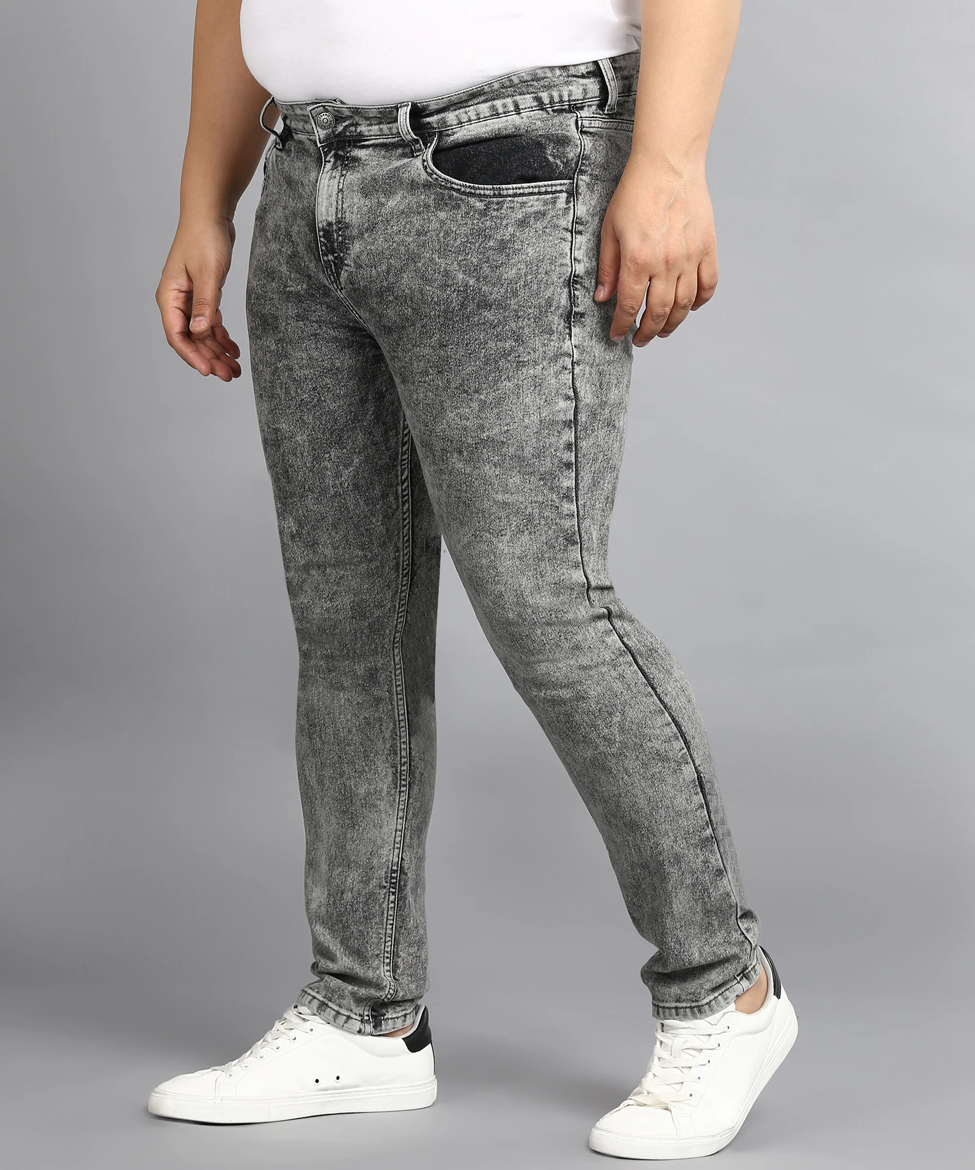 Plus Men's Grey Regular Fit Washed Jeans Stretchable - Image 2