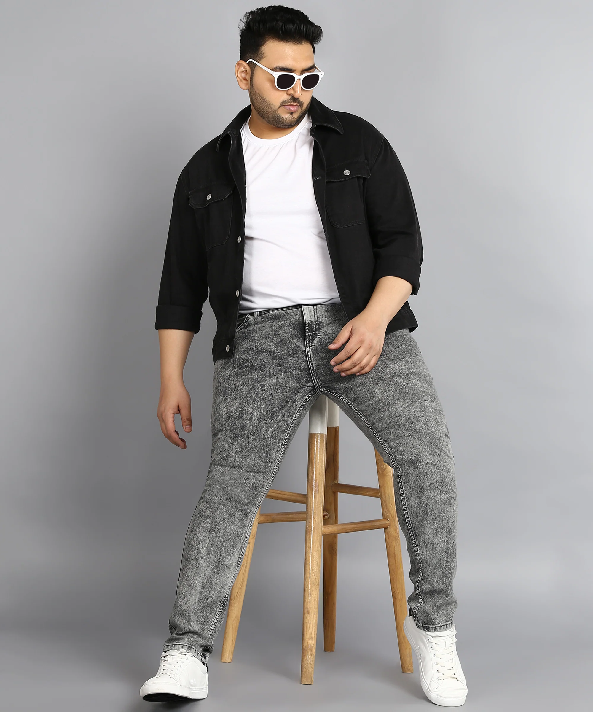 Plus Men's Grey Regular Fit Washed Jeans Stretchable - Image 4