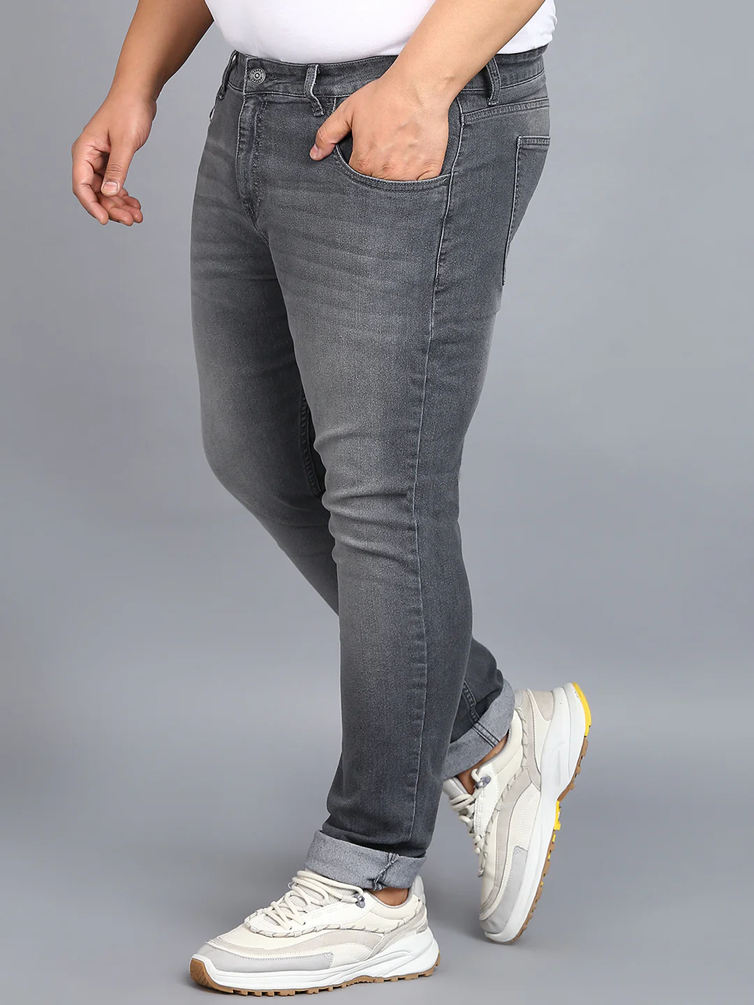 Plus Men's Grey Regular Fit Washed Jeans Stretchable - Image 2