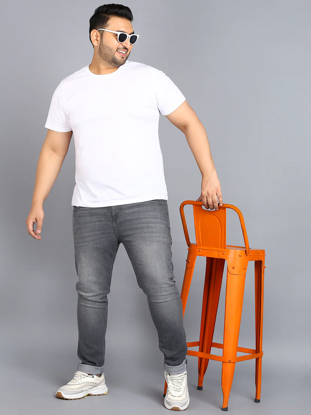 Plus Men's Grey Regular Fit Washed Jeans Stretchable - Image 4