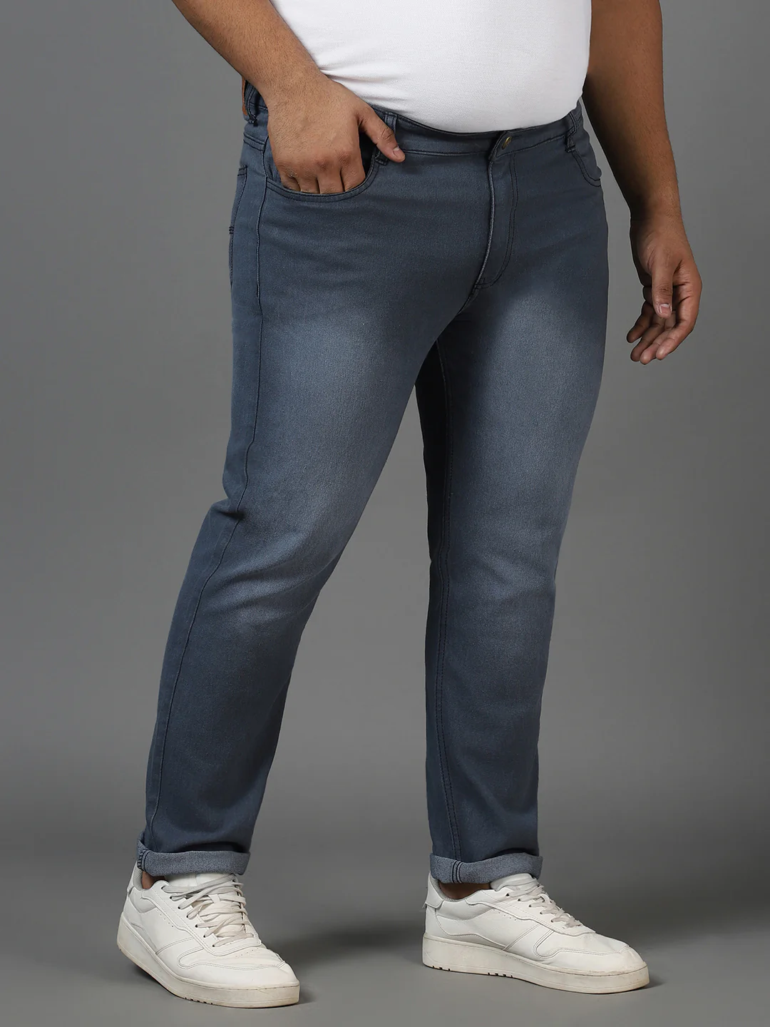 Plus Men's Grey Regular Fit Washed Jeans Stretchable - Image 2