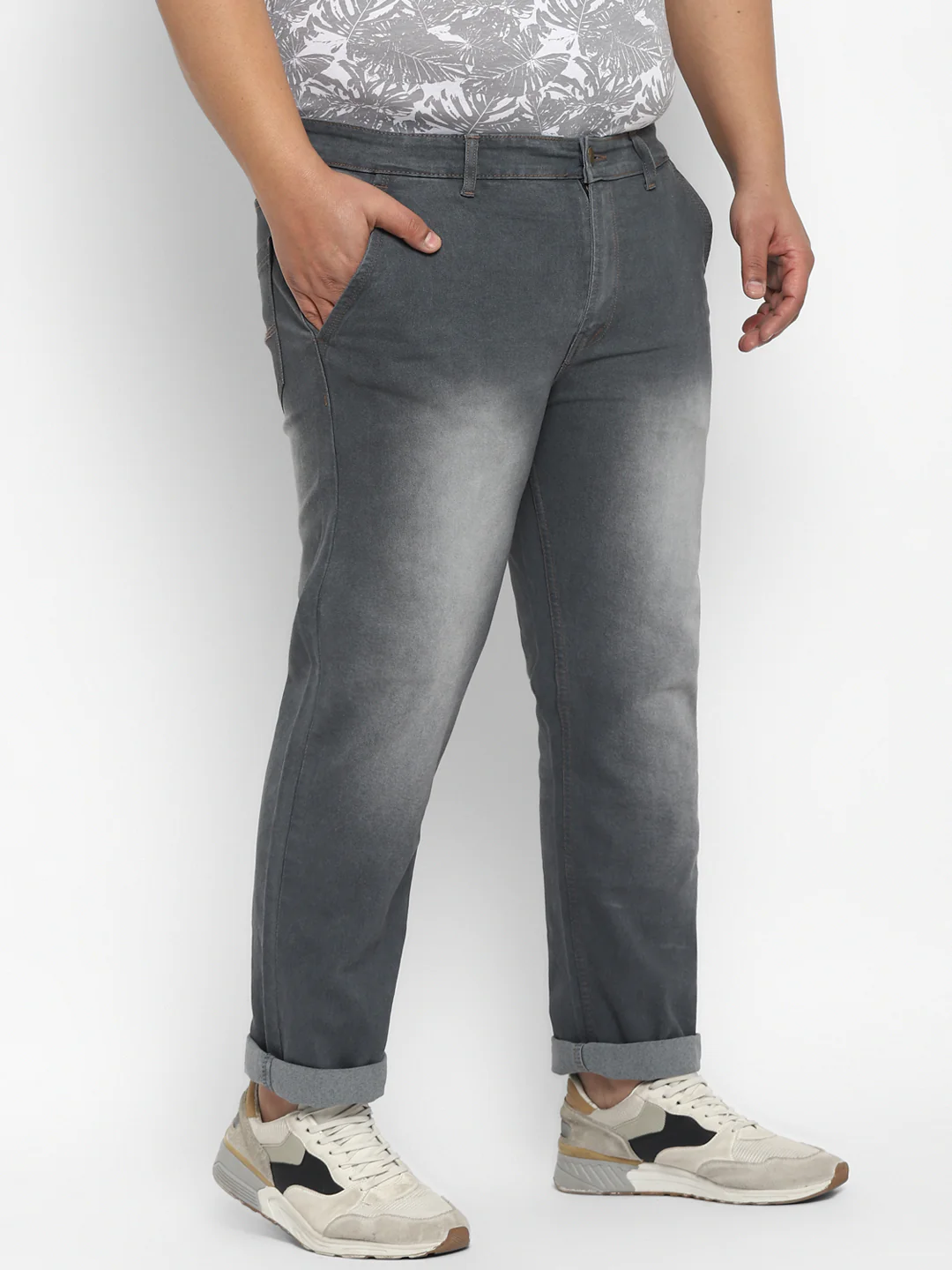 Plus Men's Grey Regular Fit Washed Jeans Stretchable - Image 2