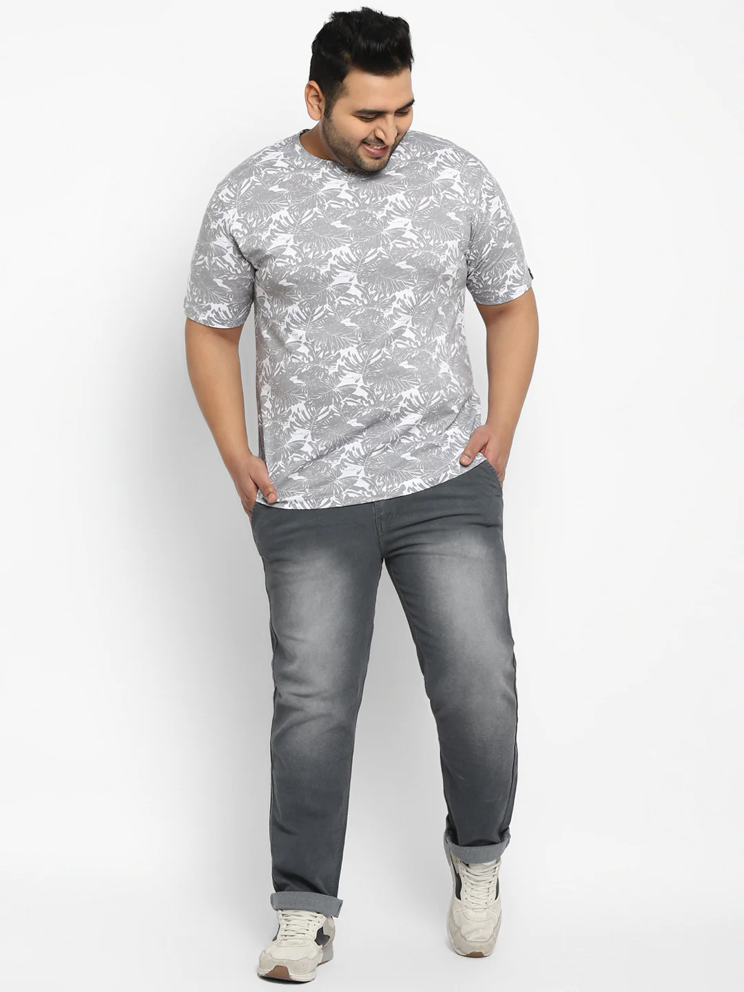 Plus Men's Grey Regular Fit Washed Jeans Stretchable - Image 4