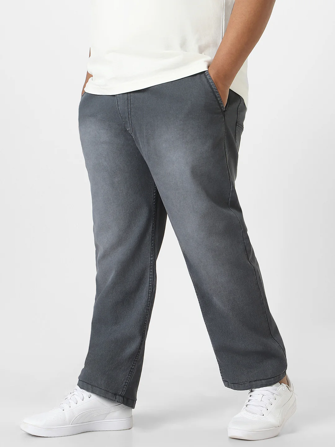 Plus Men's Grey Regular Fit Washed Jeans Stretchable - Image 2