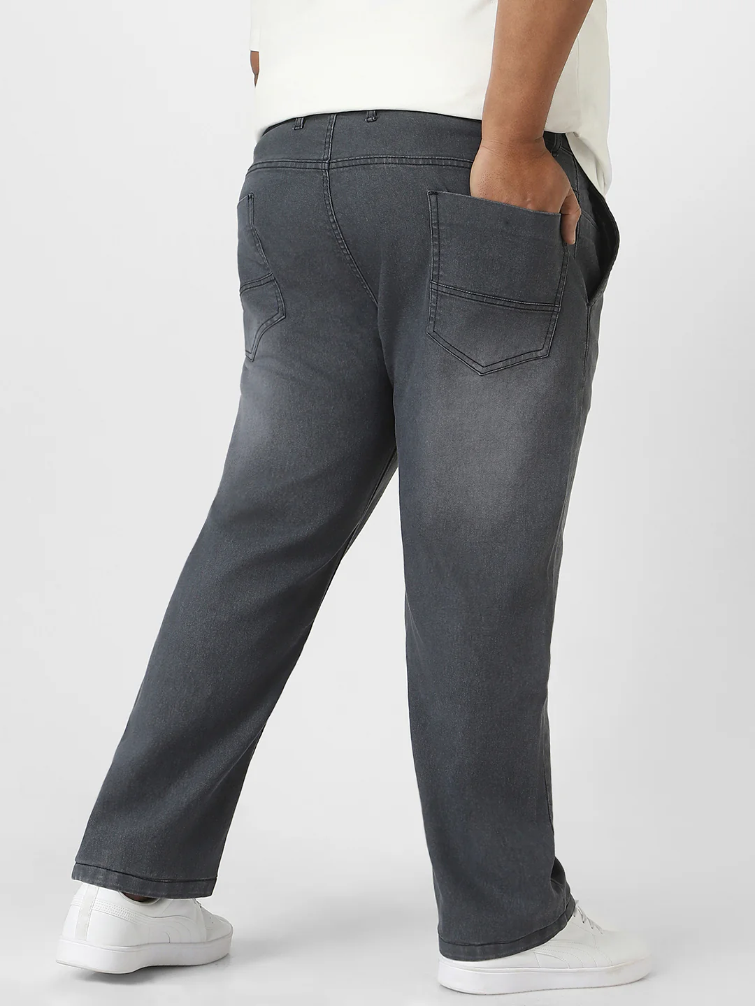 Plus Men's Grey Regular Fit Washed Jeans Stretchable - Image 3