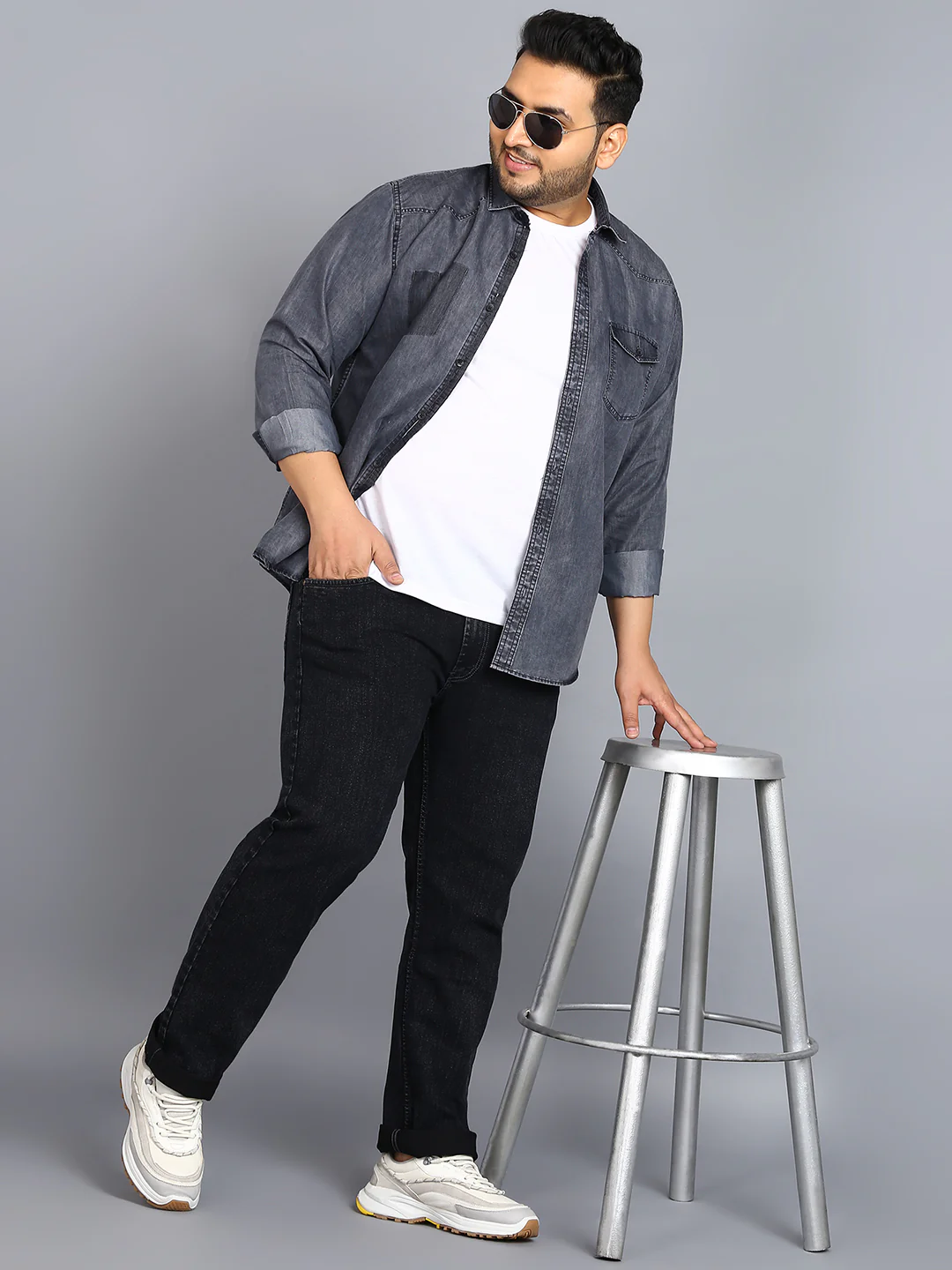 Plus Men's Grey Regular Fit Washed Jeans Stretchable - Image 4