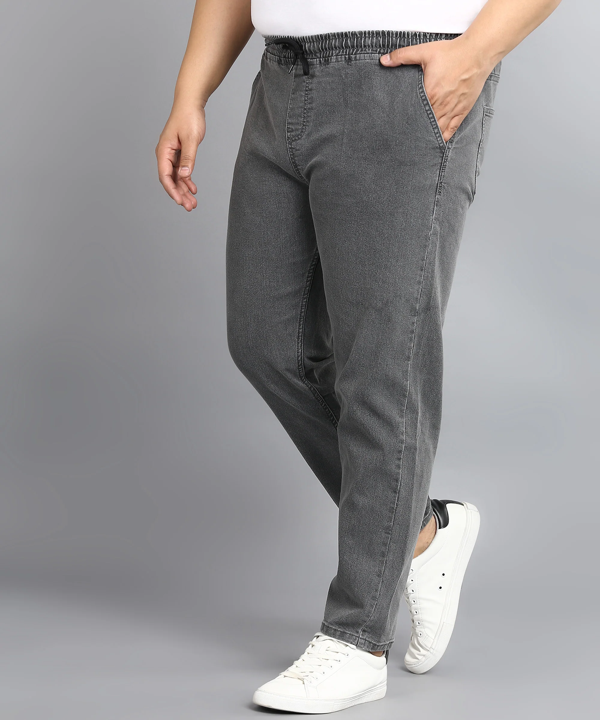 Plus Men's Grey Regular Fit Washed Jogger Jeans Stretchable - Image 2