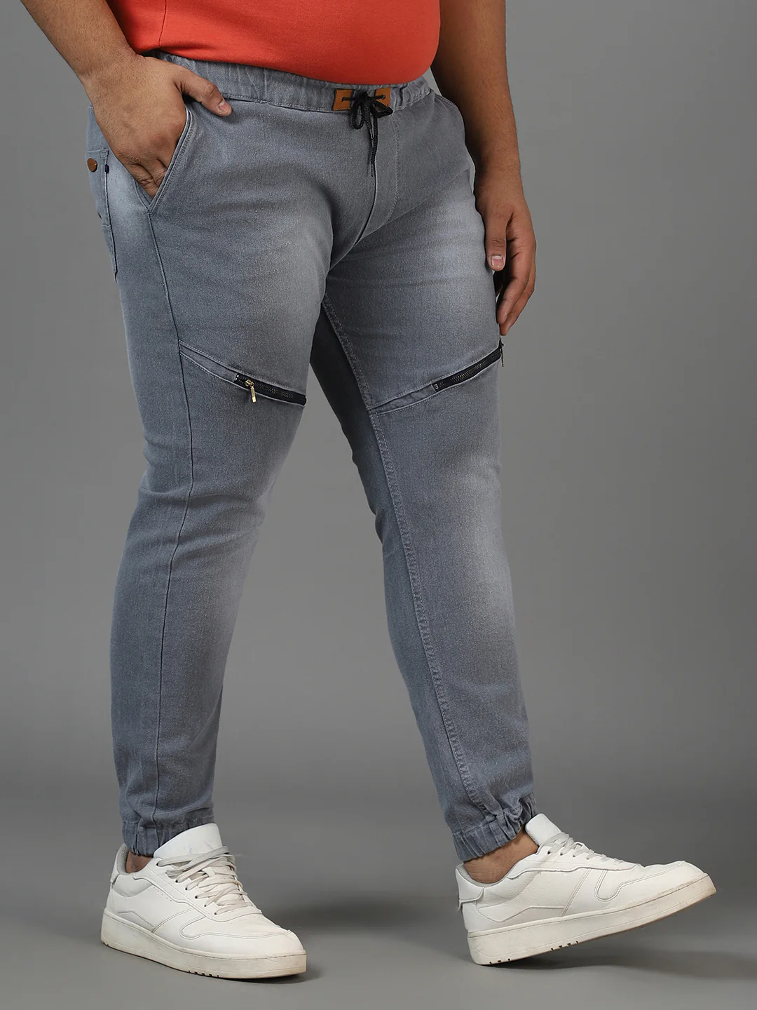 Plus Men's Grey Regular Fit Zippered Jogger Jeans Stretch - Image 2