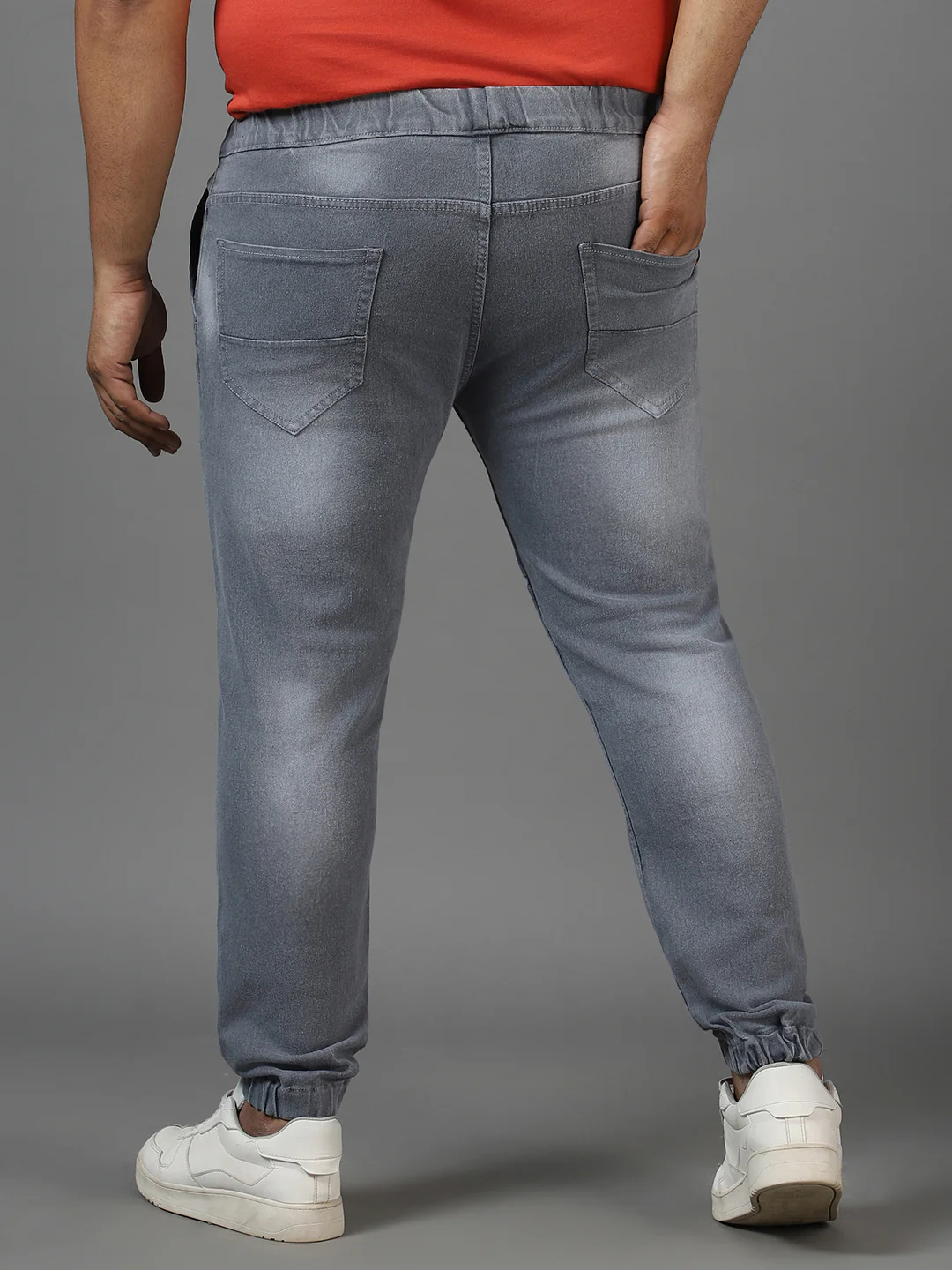 Plus Men's Grey Regular Fit Zippered Jogger Jeans Stretch - Image 3