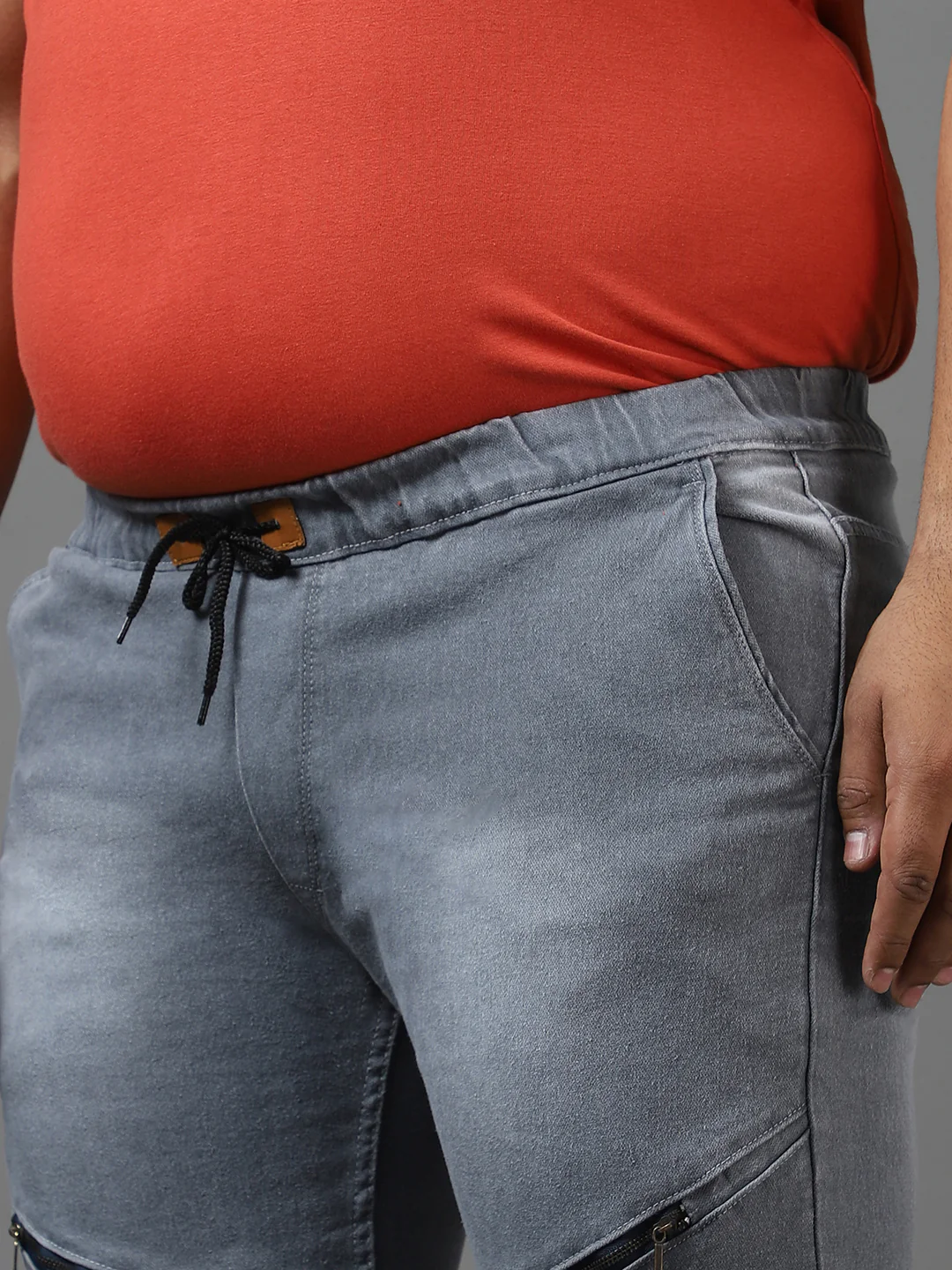 Plus Men's Grey Regular Fit Zippered Jogger Jeans Stretch - Image 5