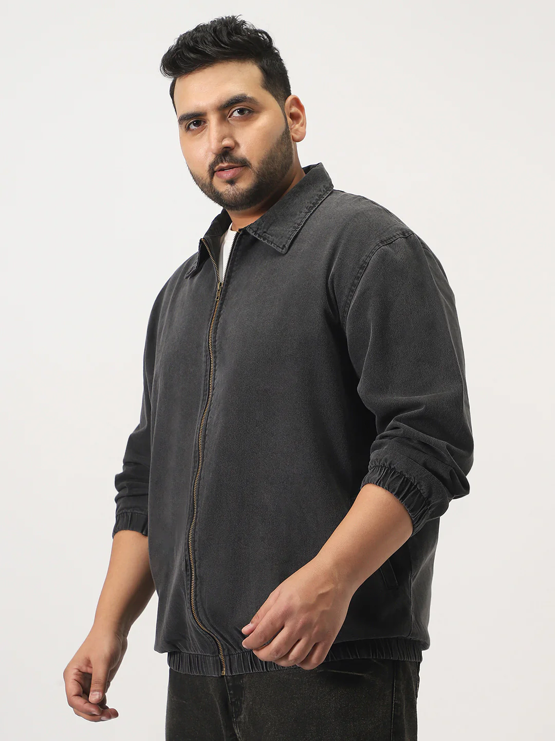 Plus Men's Grey Relaxed Fit Full Sleeve Harrington Denim Jacket - Image 2