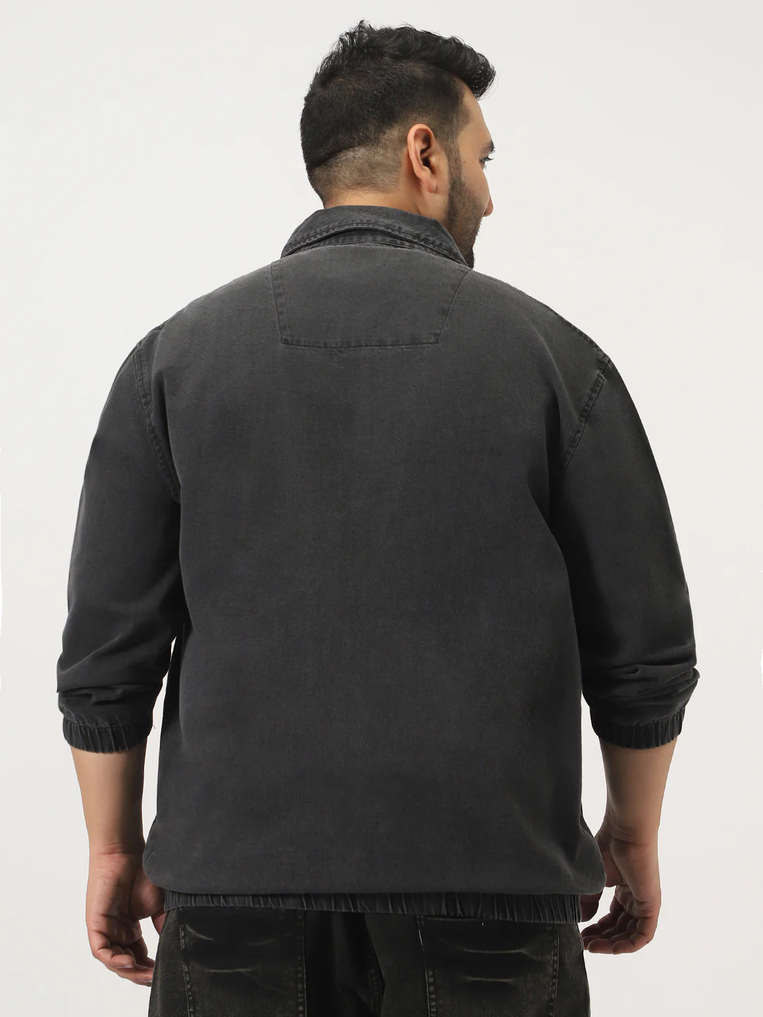 Plus Men's Grey Relaxed Fit Full Sleeve Harrington Denim Jacket - Image 3