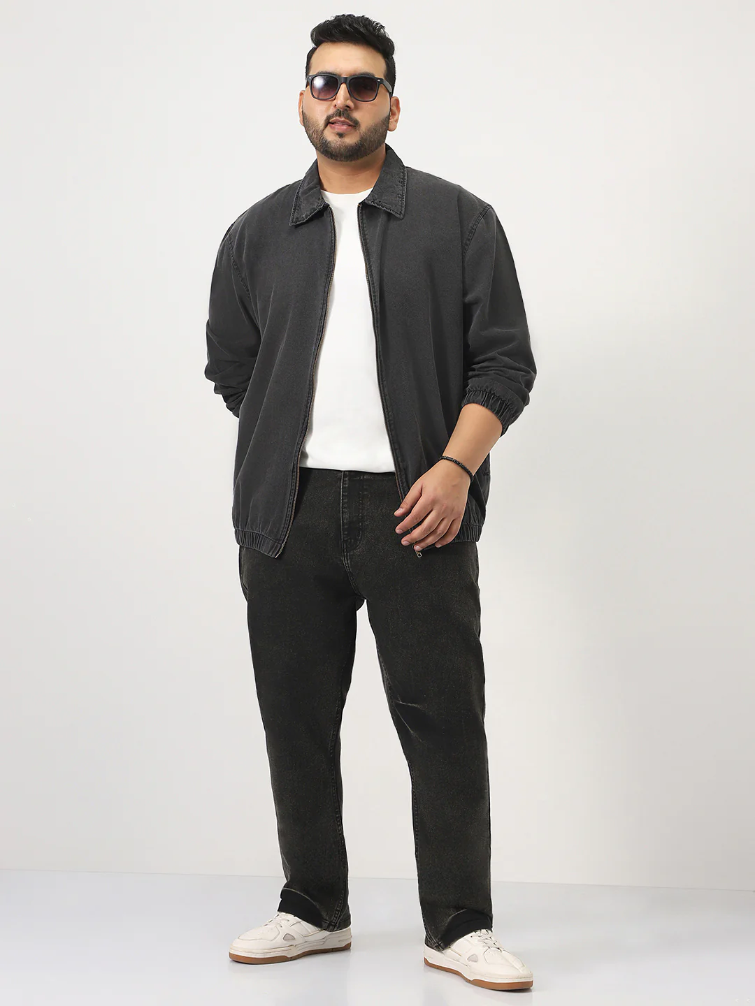 Plus Men's Grey Relaxed Fit Full Sleeve Harrington Denim Jacket - Image 4