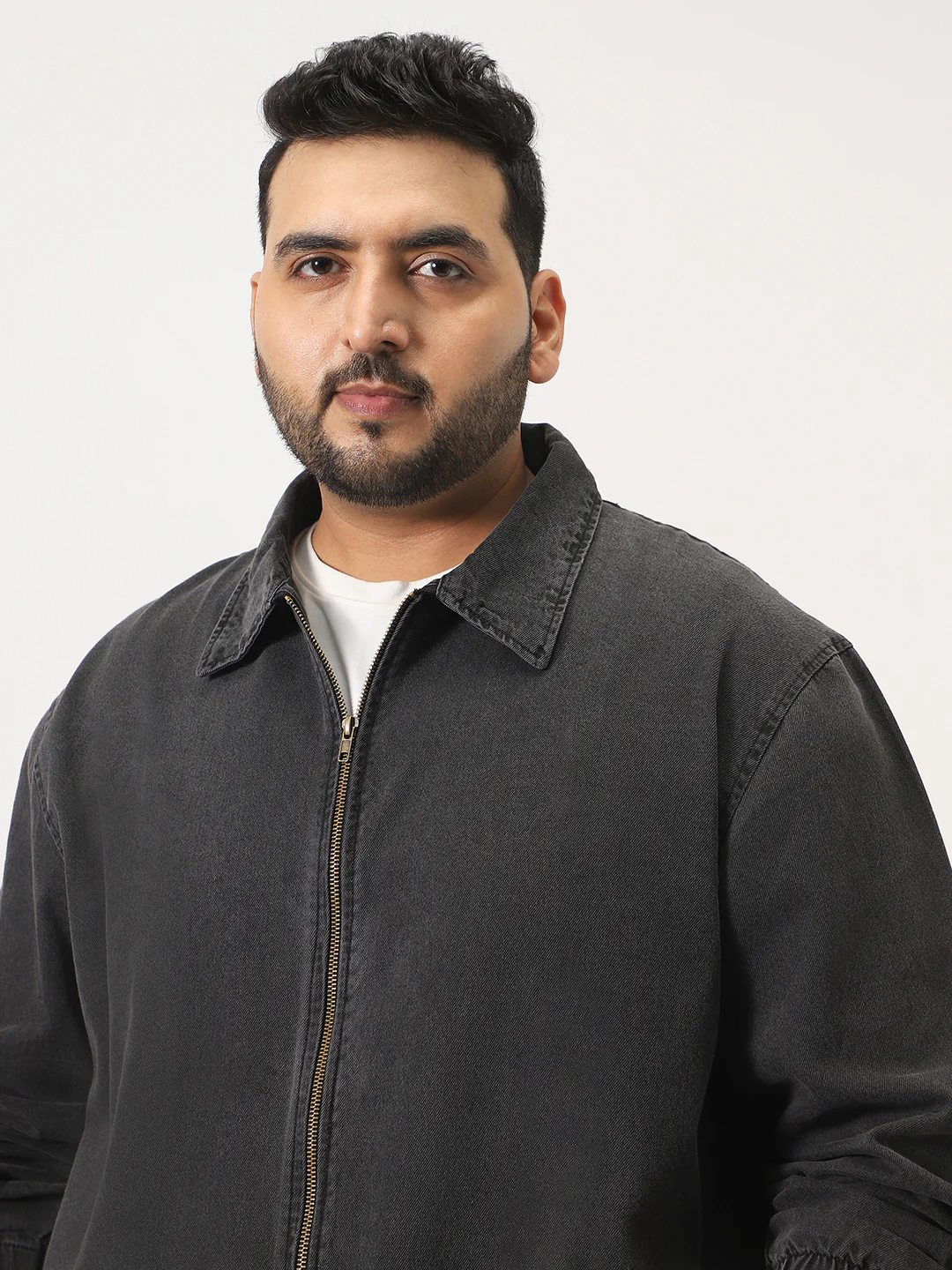 Plus Men's Grey Relaxed Fit Full Sleeve Harrington Denim Jacket - Image 5