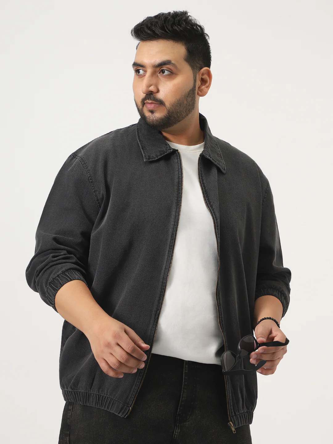 Plus Men's Grey Relaxed Fit Full Sleeve Harrington Denim Jacket - Image 7