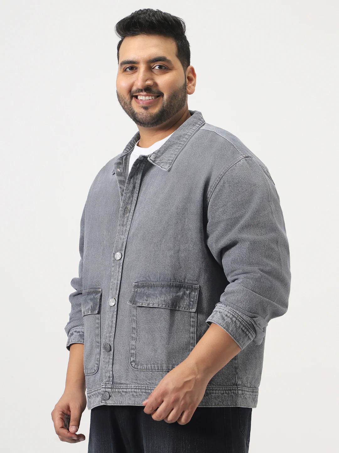 Plus Men's Grey Relaxed Fit Full Sleeve Utility Denim Jacket - Image 2