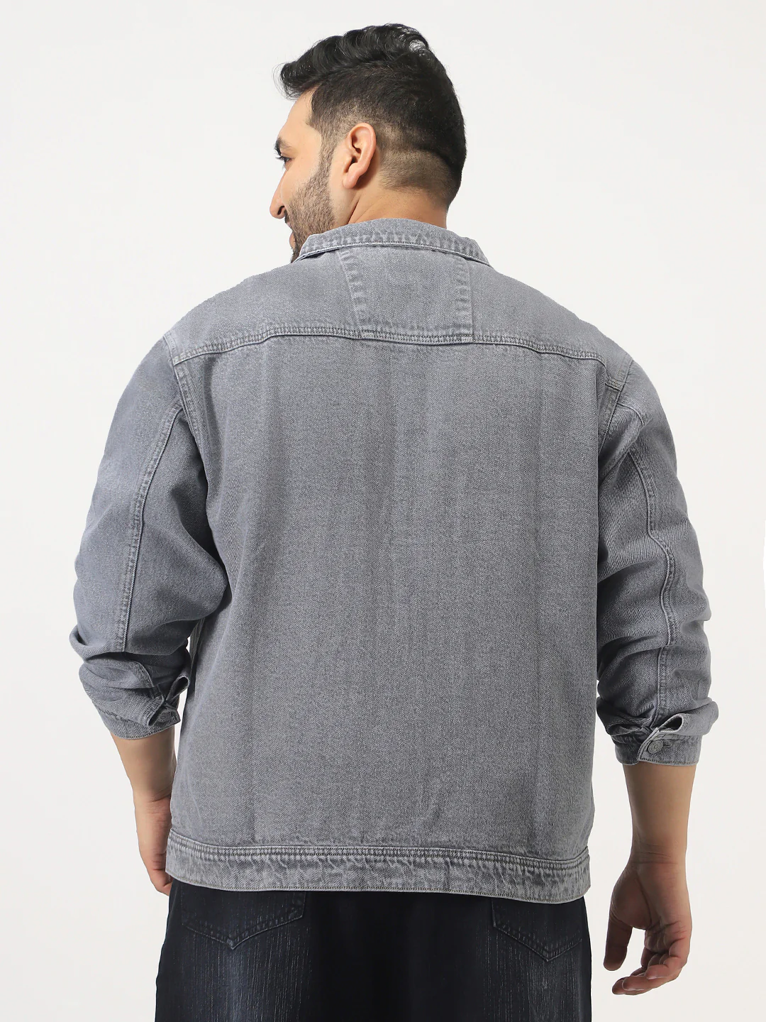 Plus Men's Grey Relaxed Fit Full Sleeve Utility Denim Jacket - Image 3