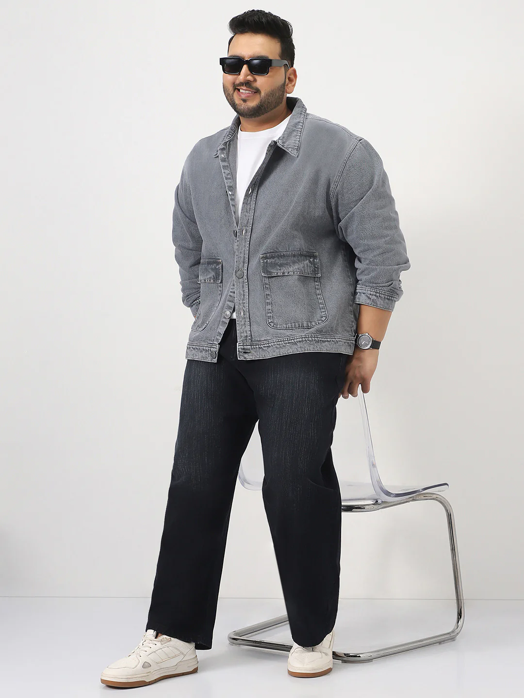 Plus Men's Grey Relaxed Fit Full Sleeve Utility Denim Jacket - Image 4