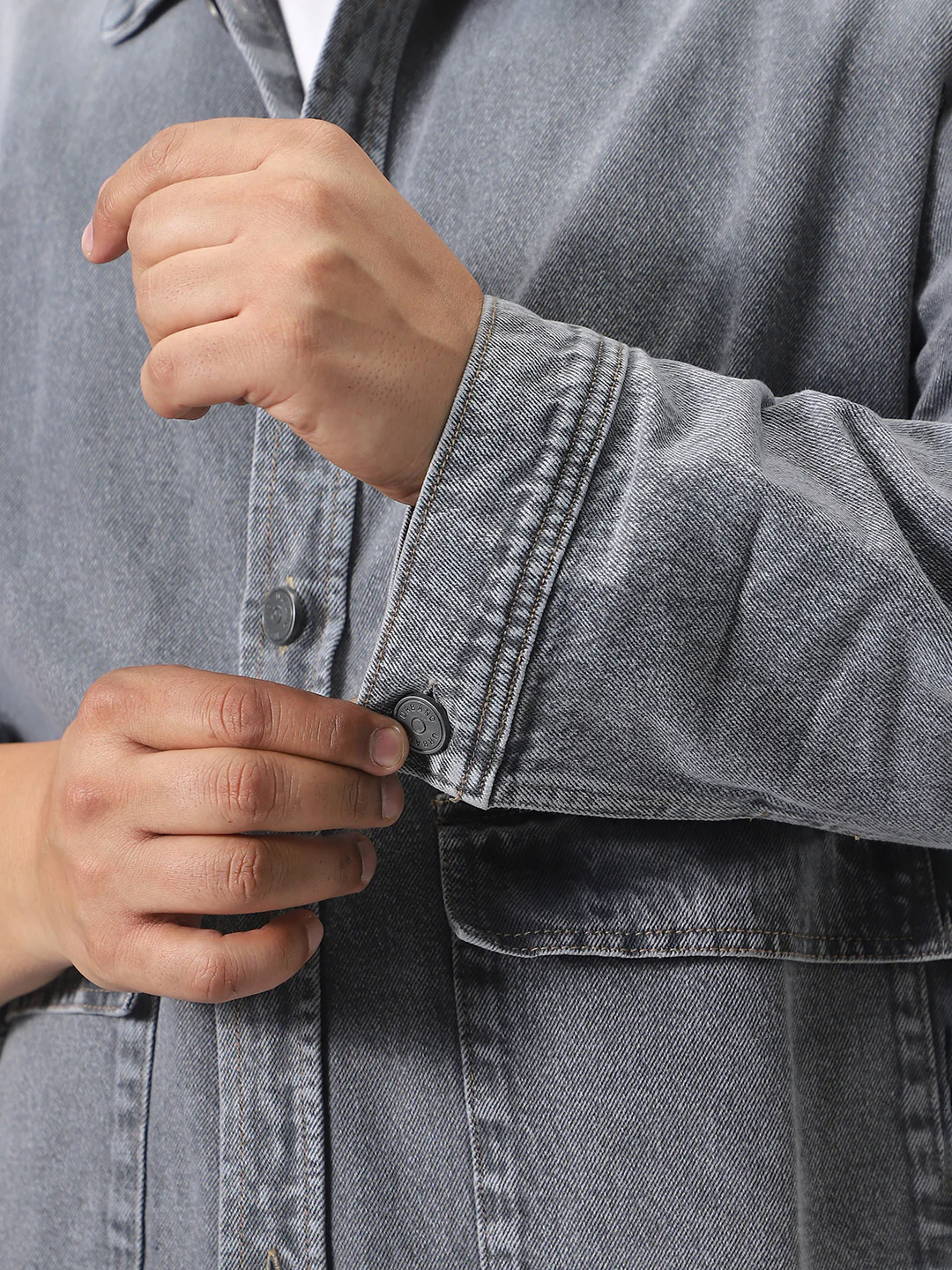 Plus Men's Grey Relaxed Fit Full Sleeve Utility Denim Jacket - Image 6