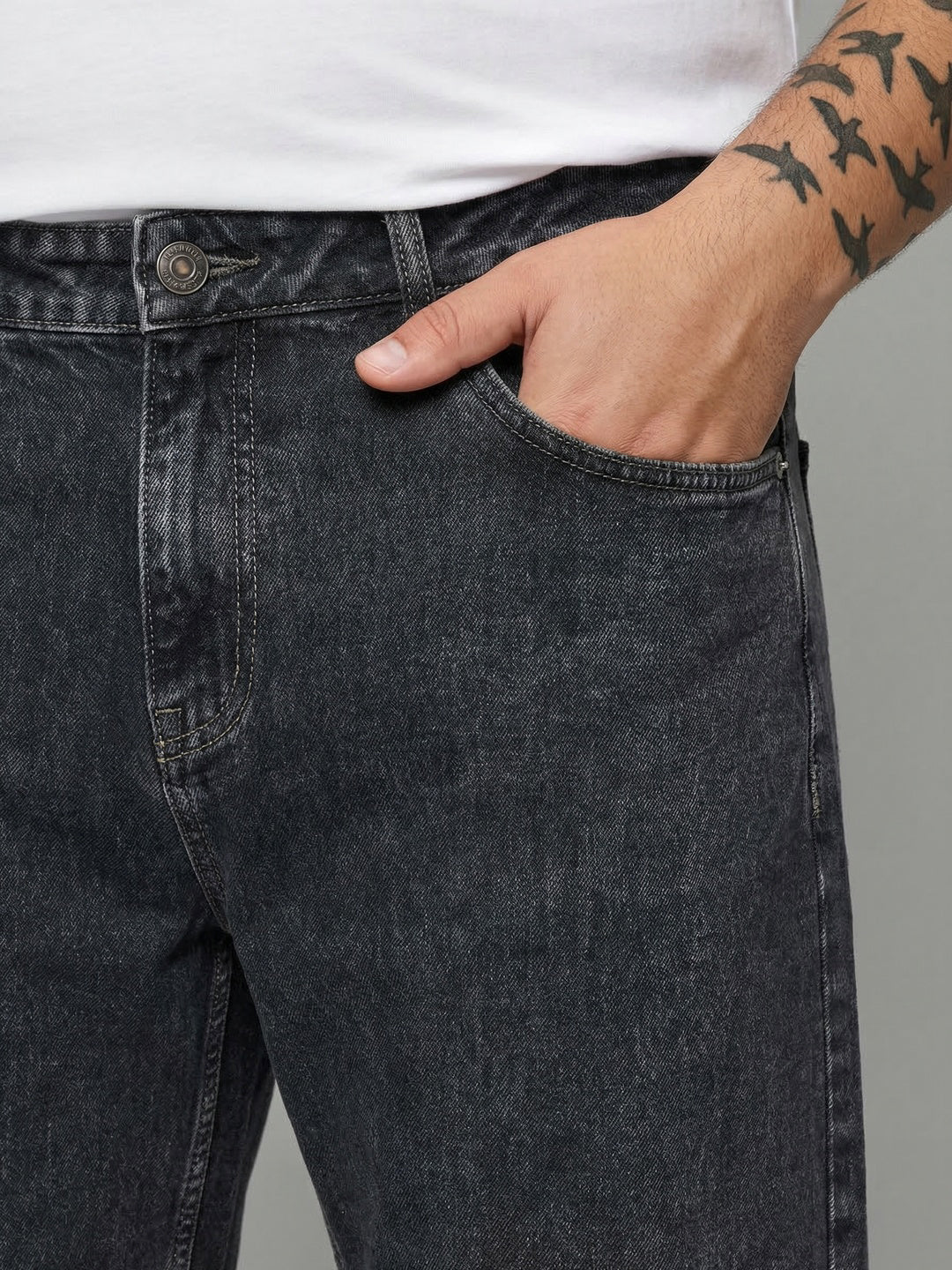 Plus Men's Grey Relaxed Fit Washed Denim Jeans Non-Stretchable - Image 5
