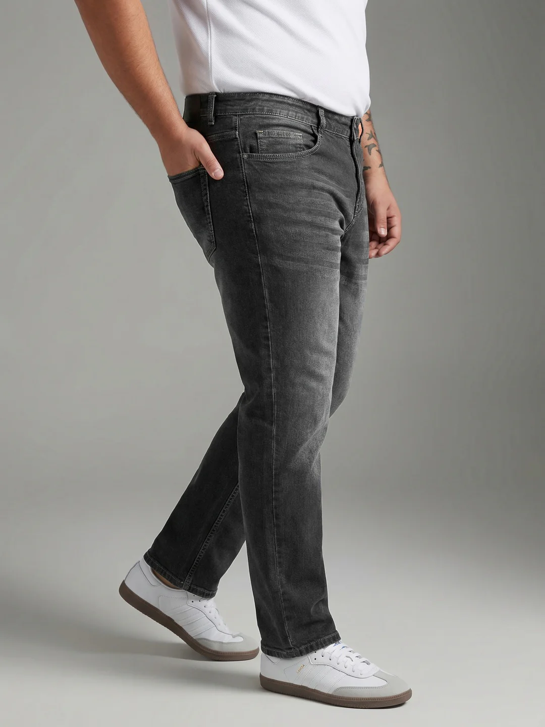 Plus Men's Grey Relaxed Fit Washed Denim Jeans Non-Stretchable - Image 2