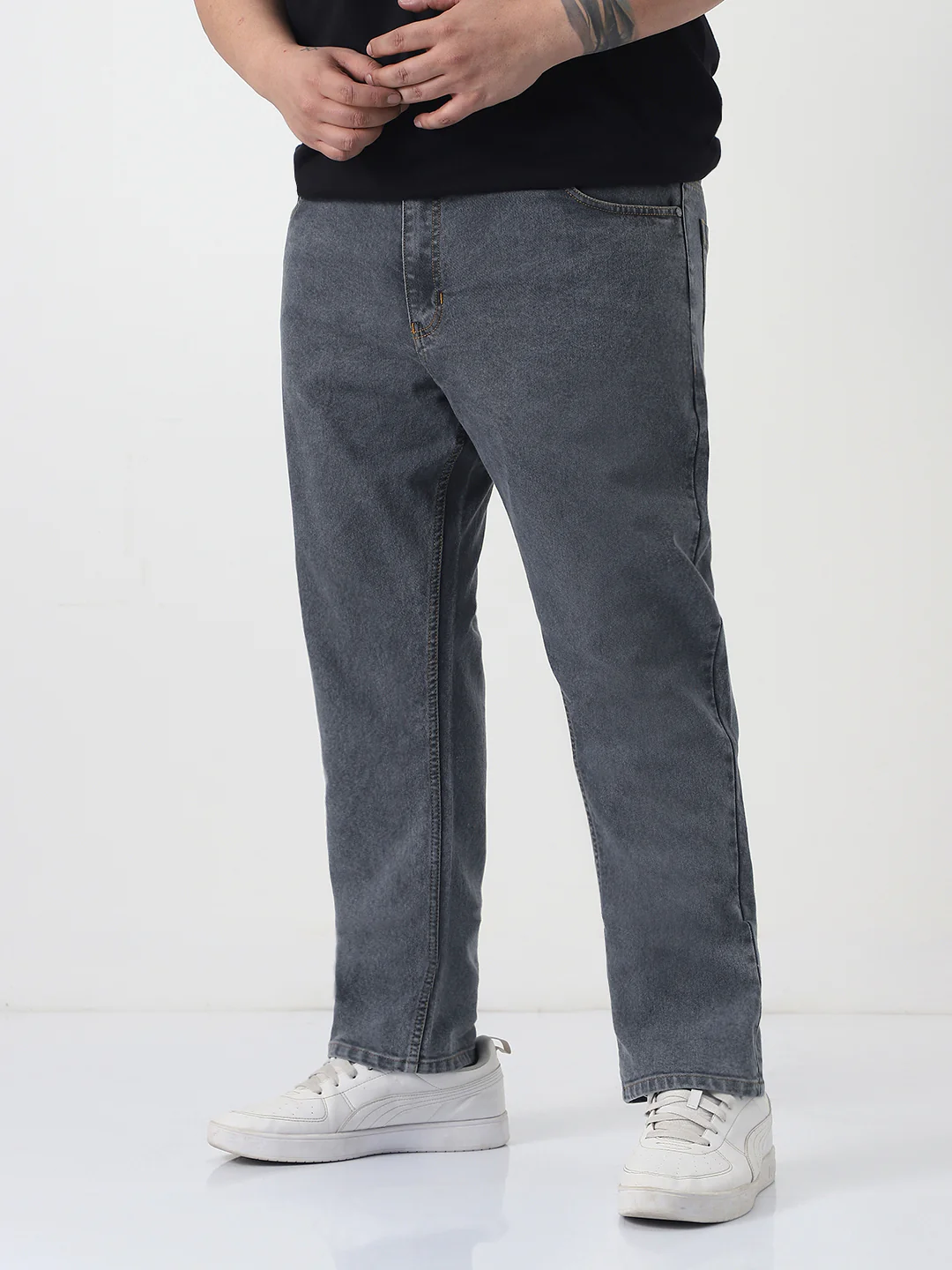 Plus Men's Grey Slim Fit Washed Denim Jeans Stretchable - Image 2