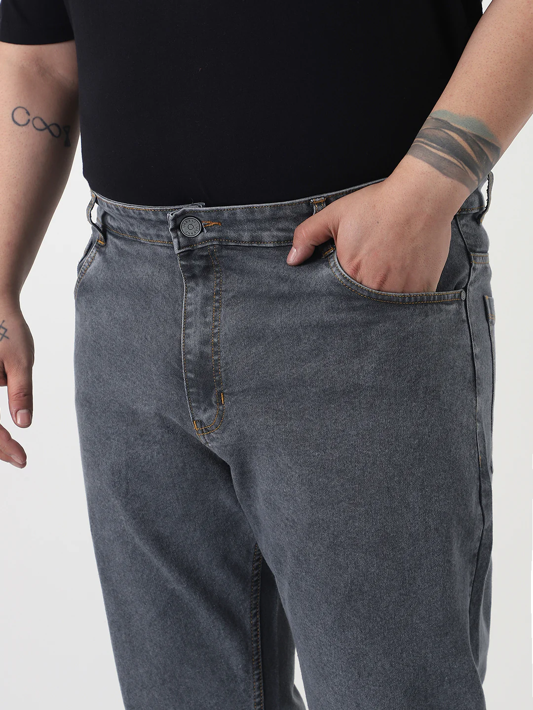 Plus Men's Grey Slim Fit Washed Denim Jeans Stretchable - Image 5
