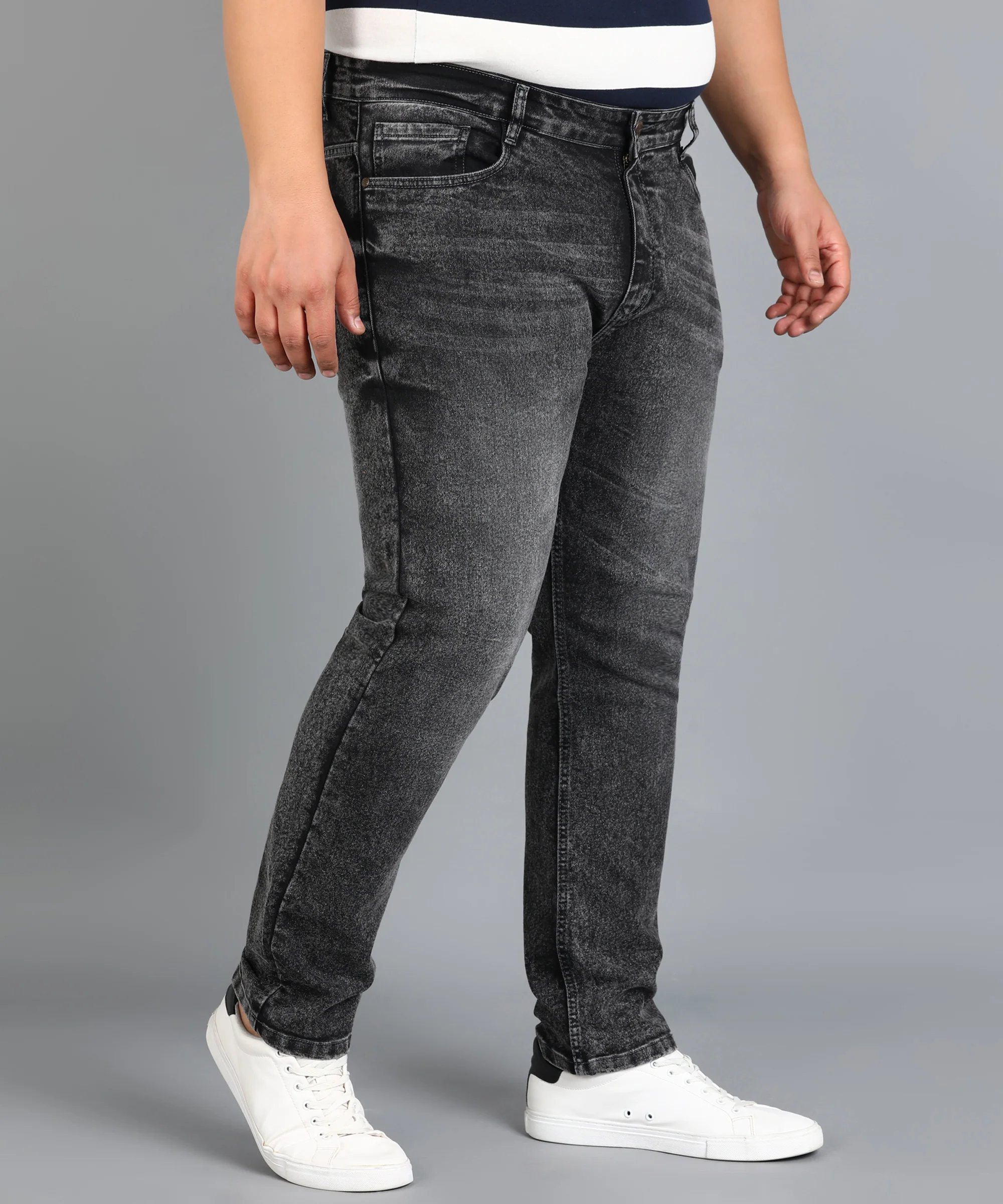 Plus Men's Grey Slim Fit Washed Jeans Stretchable - Image 2