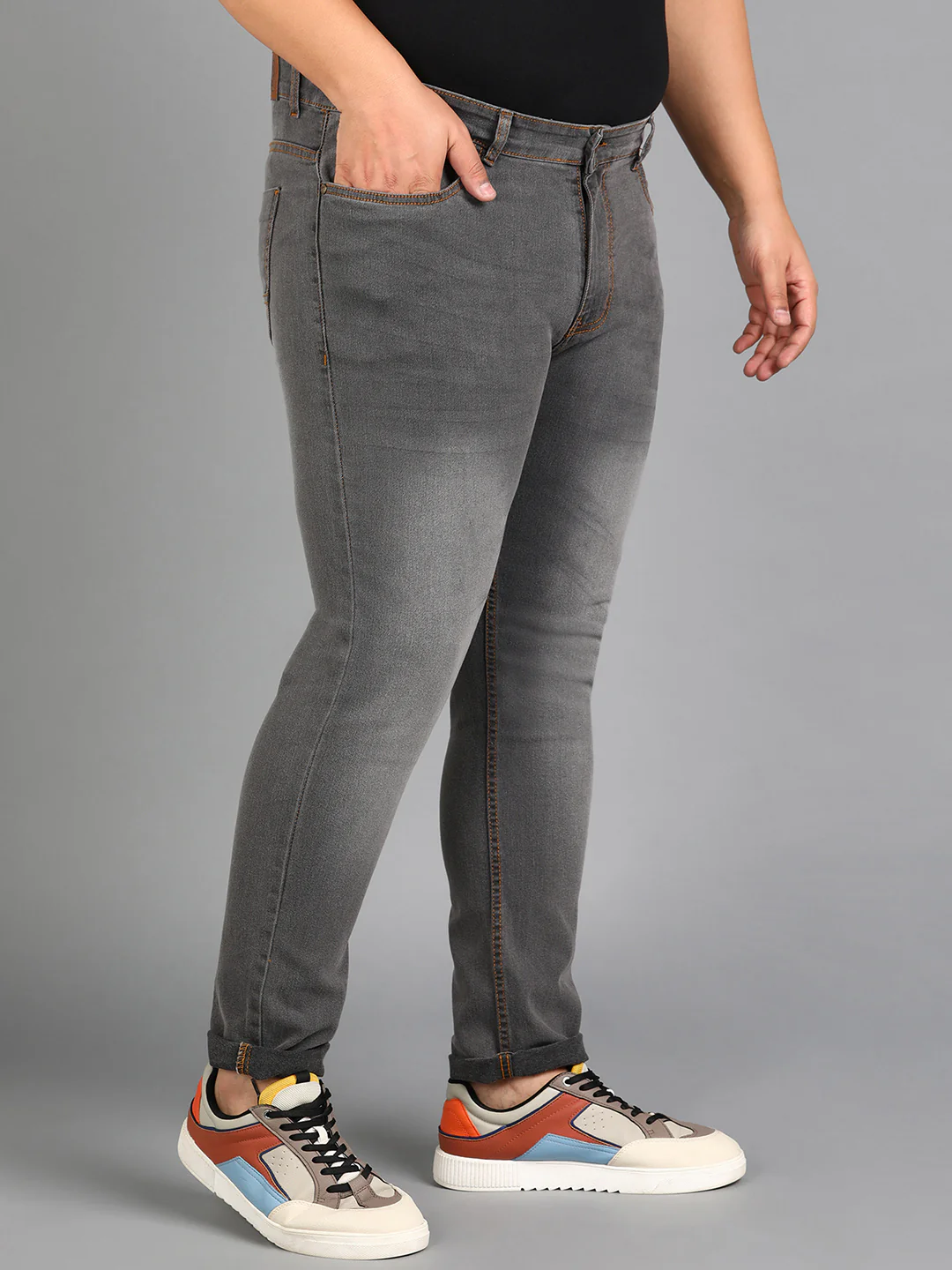 Plus Men's Grey Slim Fit Washed Jeans Stretchable - Image 2