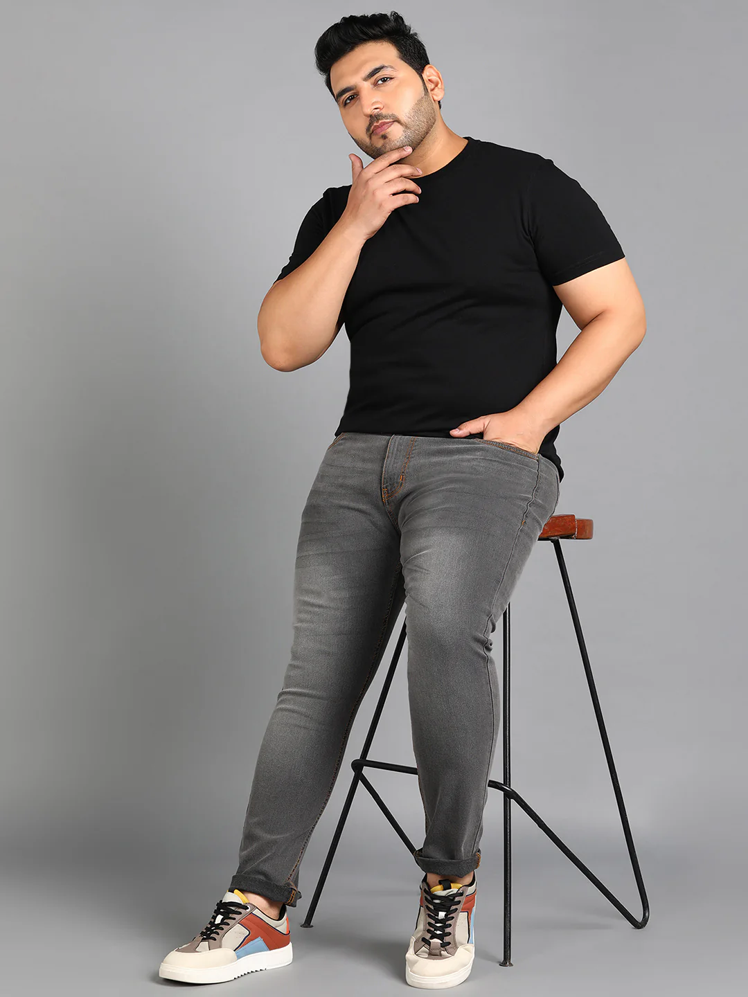 Plus Men's Grey Slim Fit Washed Jeans Stretchable - Image 4