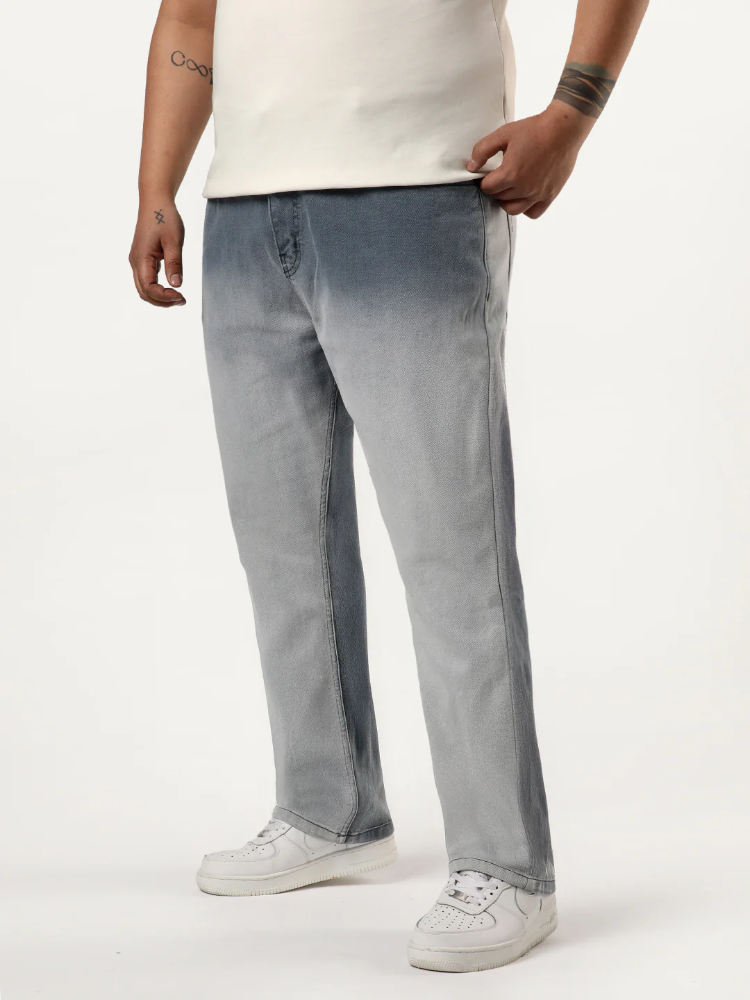 Plus Men's Grey Straight Fit Heavy Washed Faded Denim Jeans Stretchable - Image 2