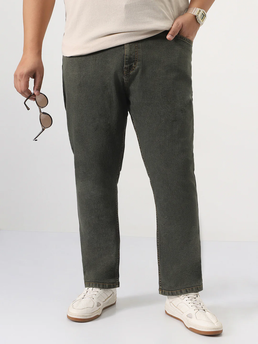 Plus Men's Grey Straight Fit Heavy Washed Jeans Stretchable - Image 7