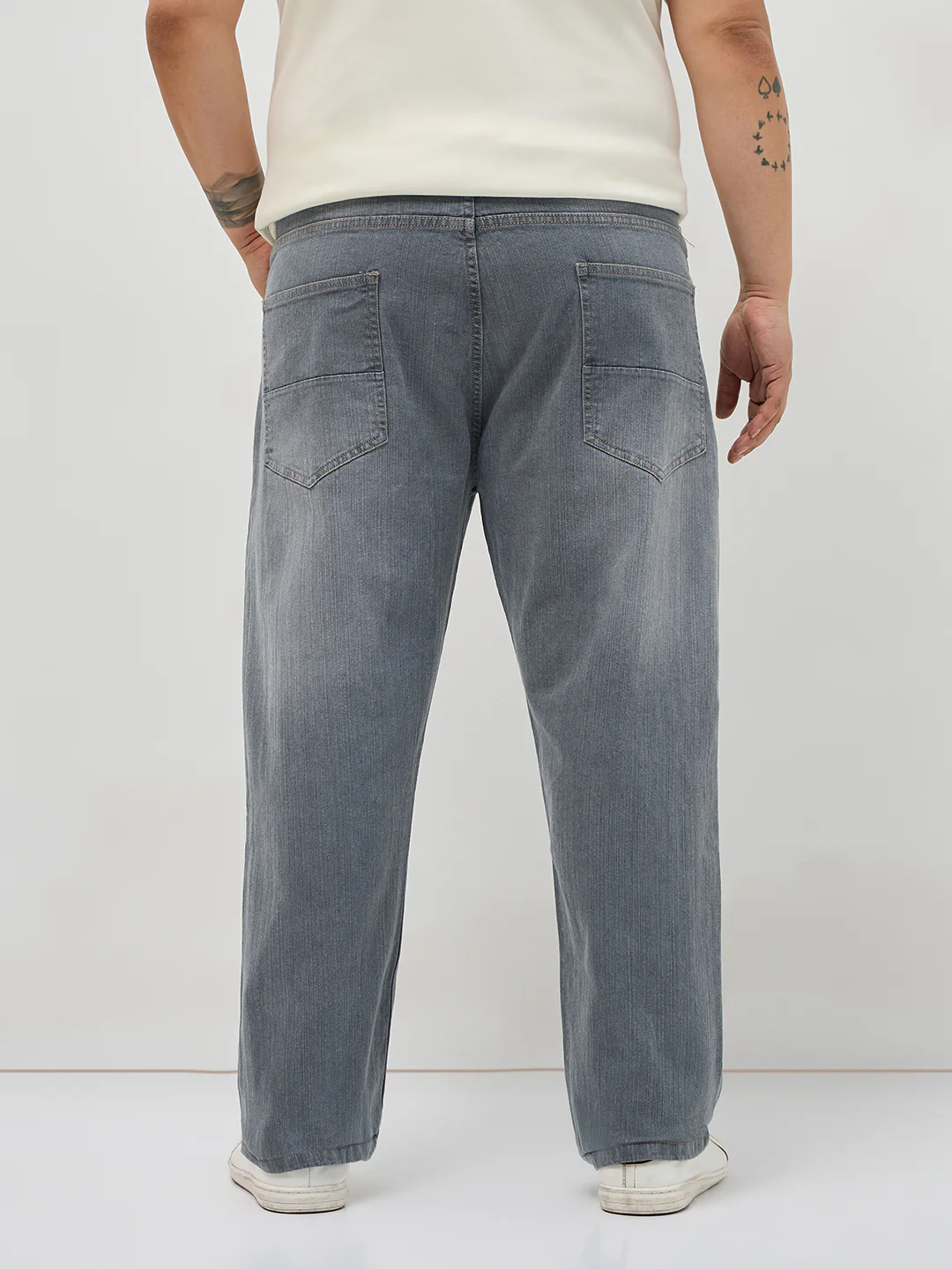 Plus Men's Grey Straight Fit Washed Denim Jeans Stretchable - Image 3