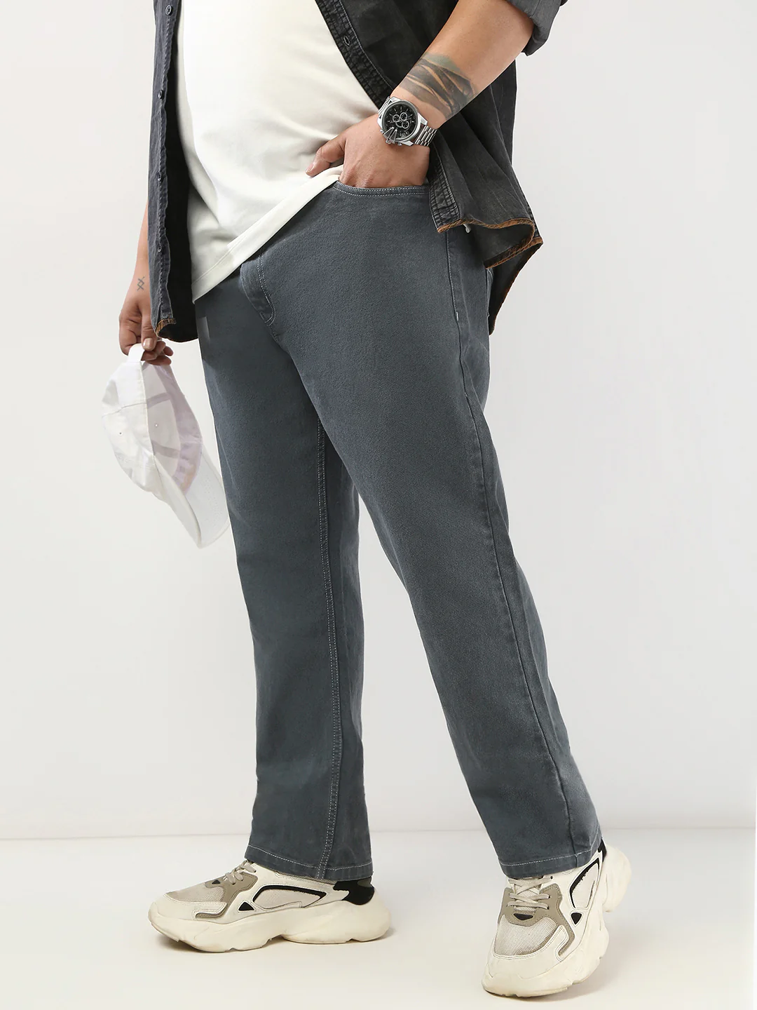 Plus Men's Grey Straight Fit Washed Jeans Stretchable - Image 2