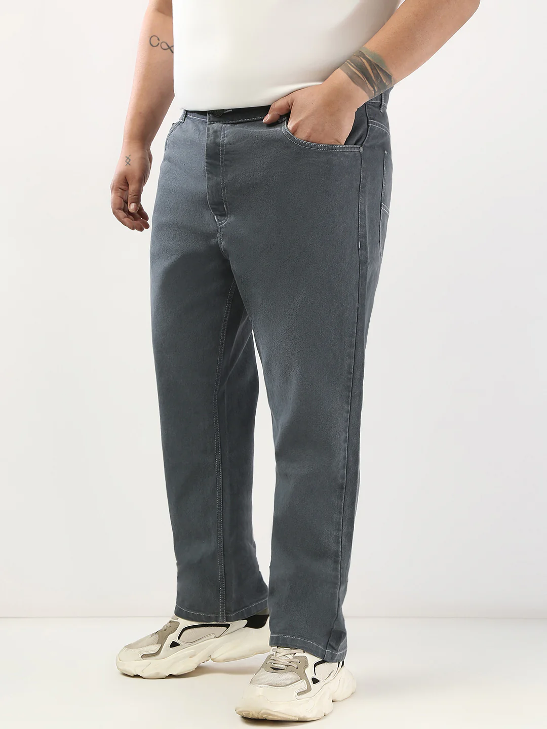 Plus Men's Grey Straight Fit Washed Jeans Stretchable - Image 3