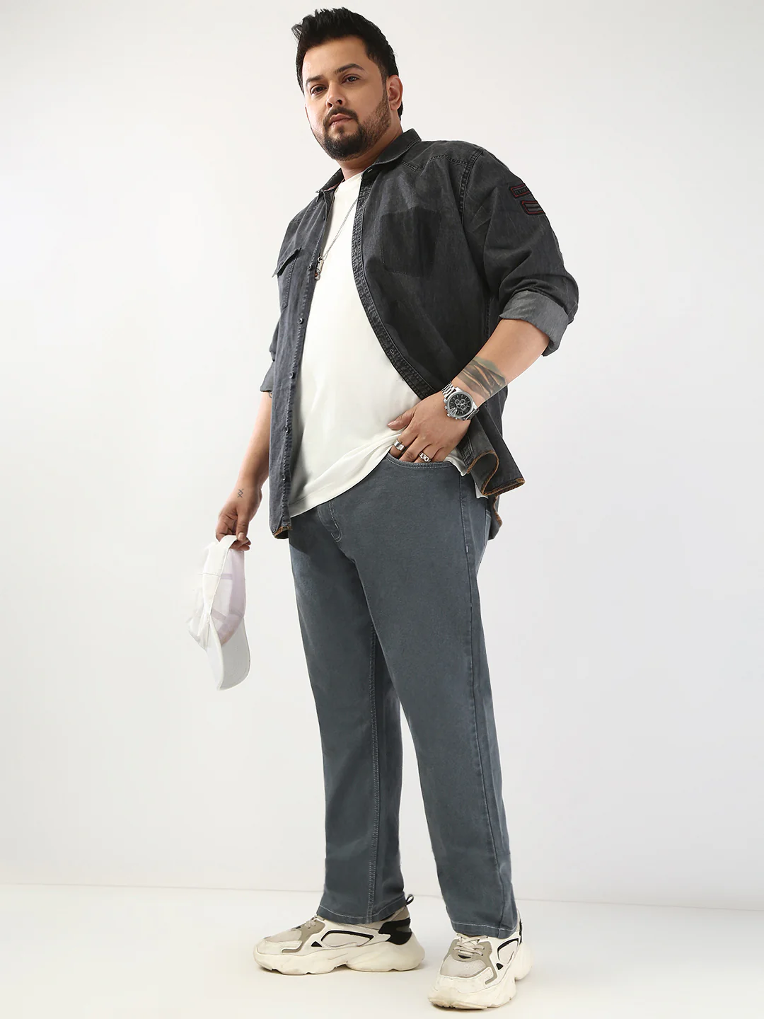Plus Men's Grey Straight Fit Washed Jeans Stretchable - Image 5